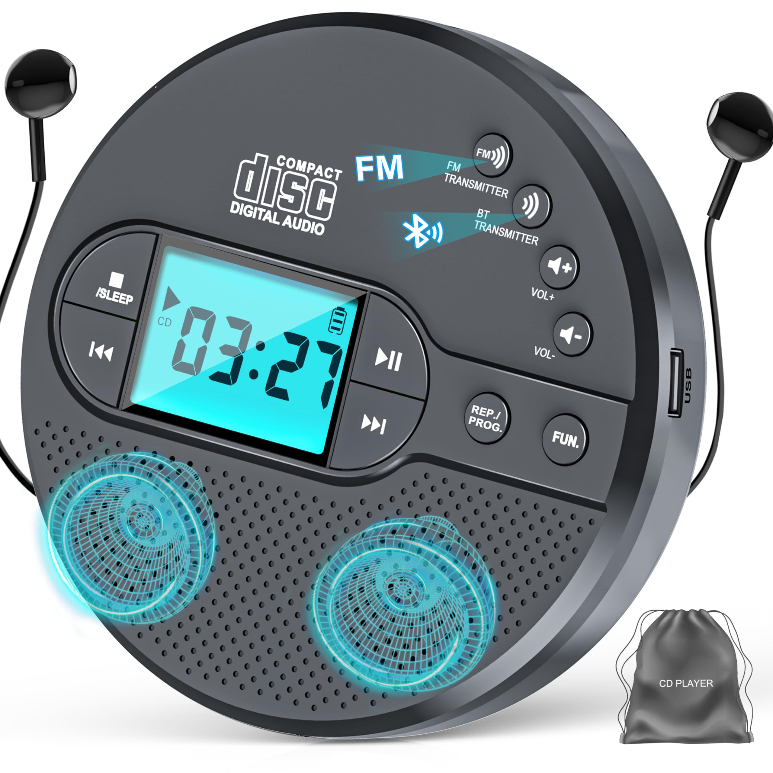 2000mAh Portable CD Player with Bluetooth Rechargeable Discman CD Player with FM Transmitter,Headphones,LCD Screen,AUX,Built-in Speaker,USB,Anti-Skip Protection Portable CD Player for Car