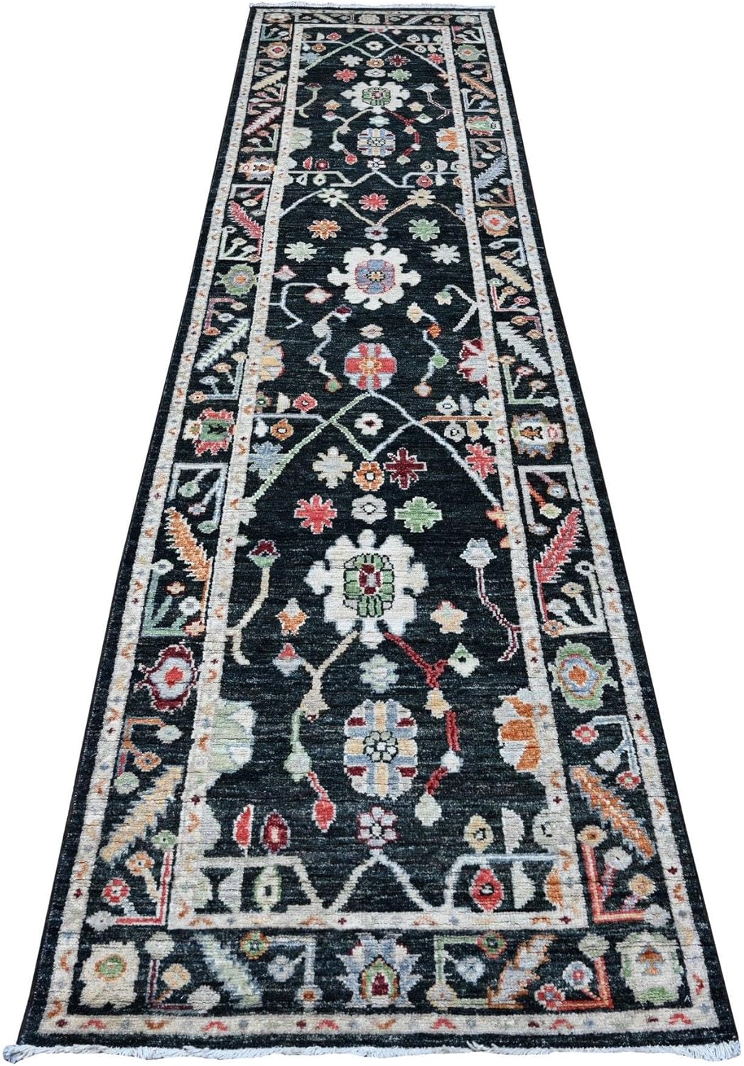 Black Hand Knotted Wool Weft Colorful Angora Oushak Runner Oriental Rug (2'10"x12')