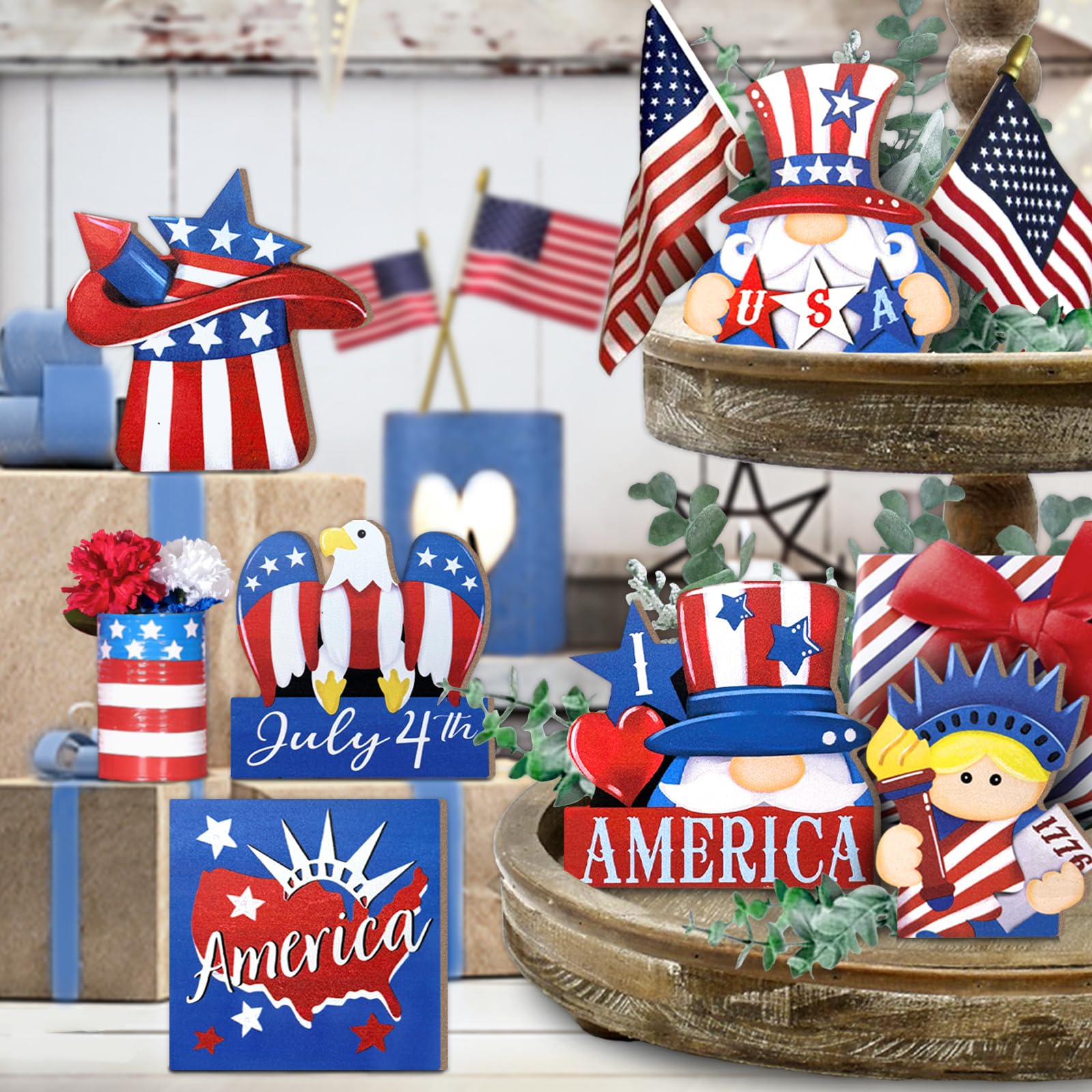 Uruney 4th of July Tiered Tray Decor, Uncle Sam Patriotic Tray Decorations, Lady Liberty American Flag Independence Day Wooden Signs, Farmhouse Rustic Memorial Day Decor for Home Table Shelf