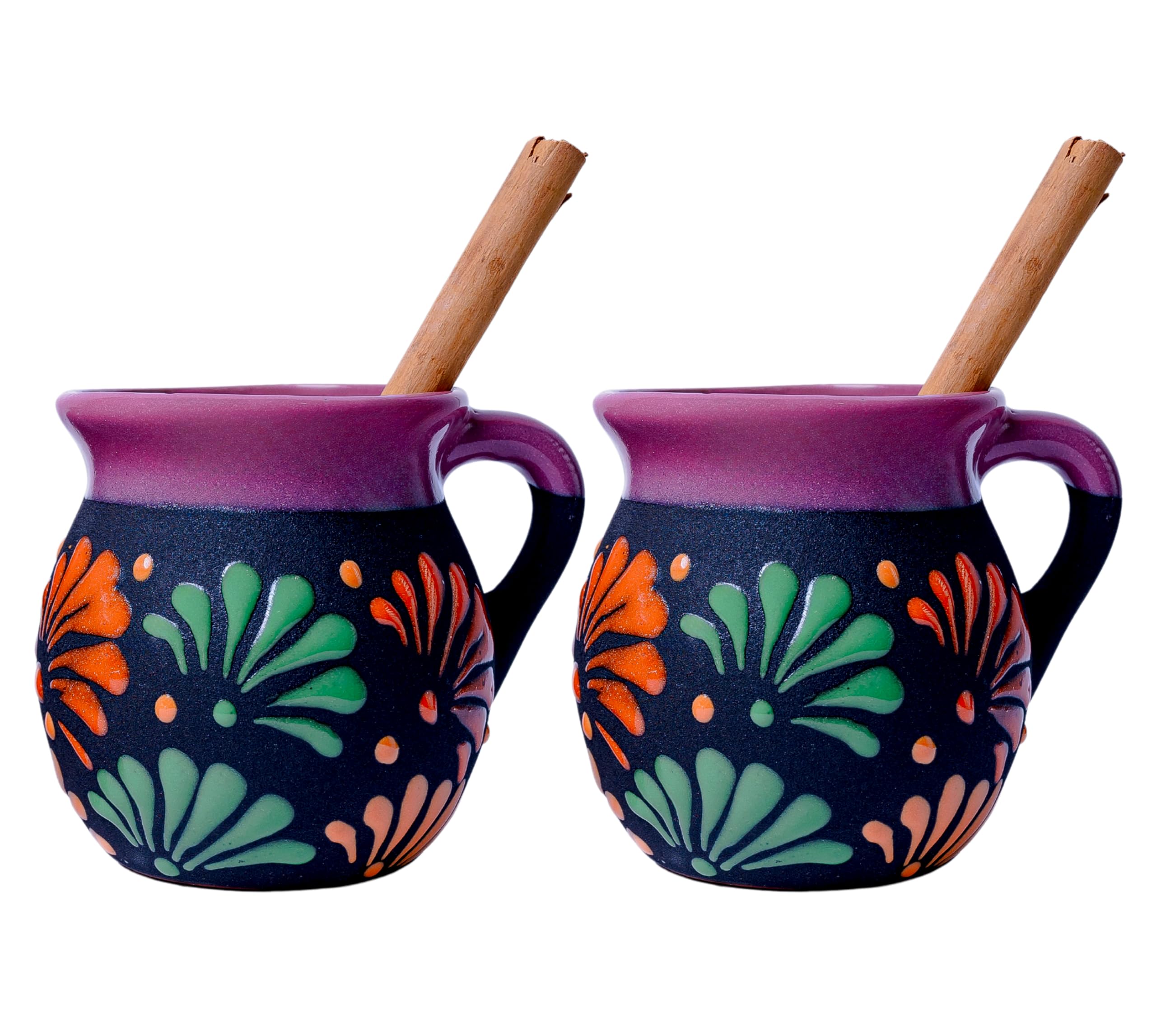 ELTRICOLOR Mexican Coffee Mugs - Set of 2 Clay Cups - Jarritos de Barro Mexicanos - Tazas de Barro (Michoacan Night Edition)