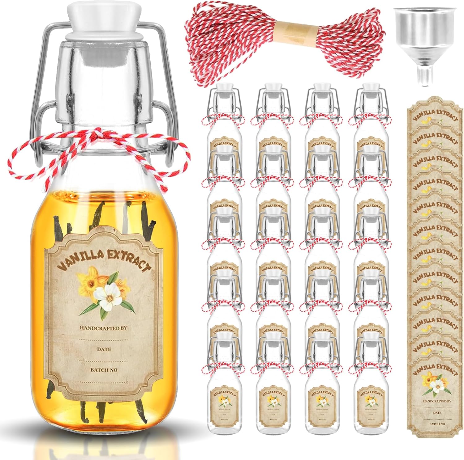 20 Pack Swing Top Glass Vanilla Bottles 4 oz with Lids, Vanilla Labels and Funnel, Glass Boston Round Bottles for Extract & Syrup Gifts, Flip Top Jars with Airtight Seal for