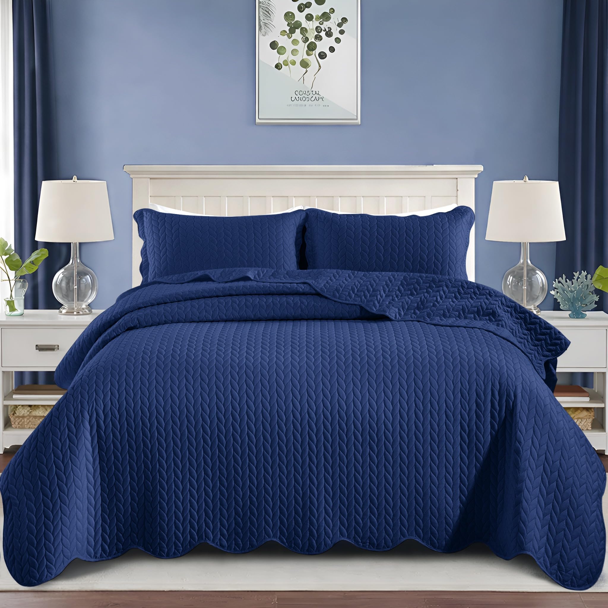 Quilts Queen Size Bedspread Coverlet Leaf Quilt Set (Navy, 90"x96")