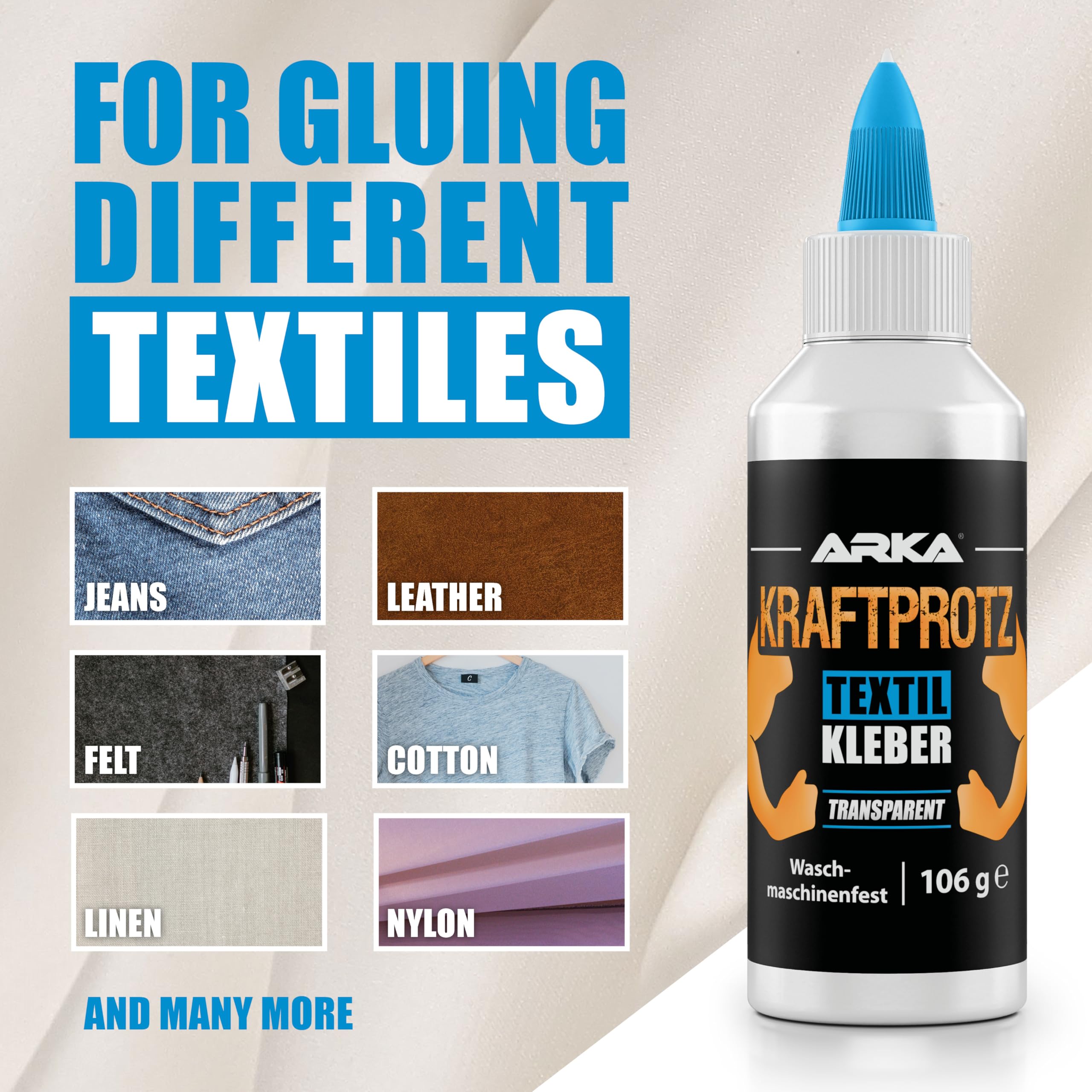 Colla tessuti 105 g – incolla invece di cucire: flessibile, lavabile e trasparente – per stoffa, jeans, pelle, decorazioni e fai da te – senza solventi – riparazioni tessili rapide – KRAFTPROTZ ARKA