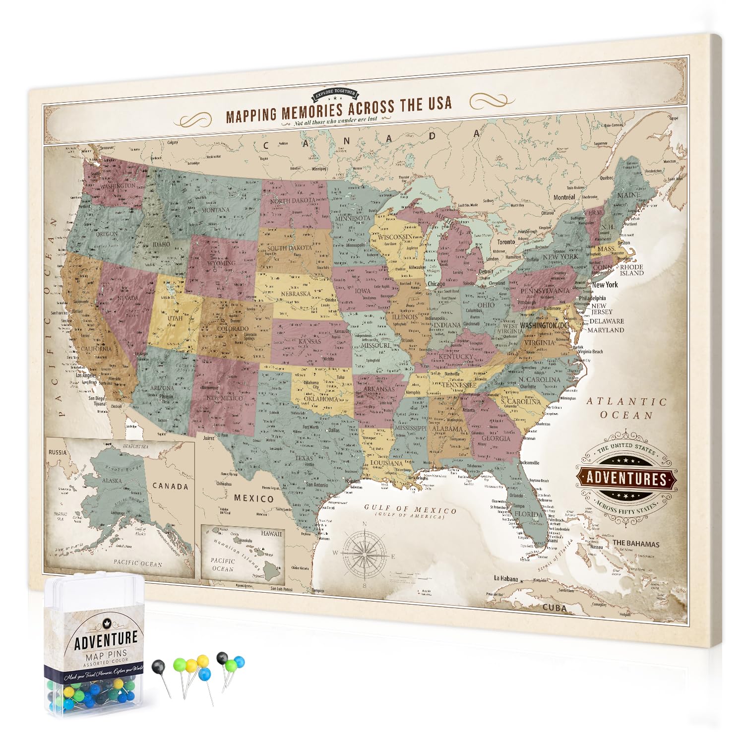 DECORARTS USA Travel Map with Pins, Soft Pastel USA Map Pin Board, 40x30''