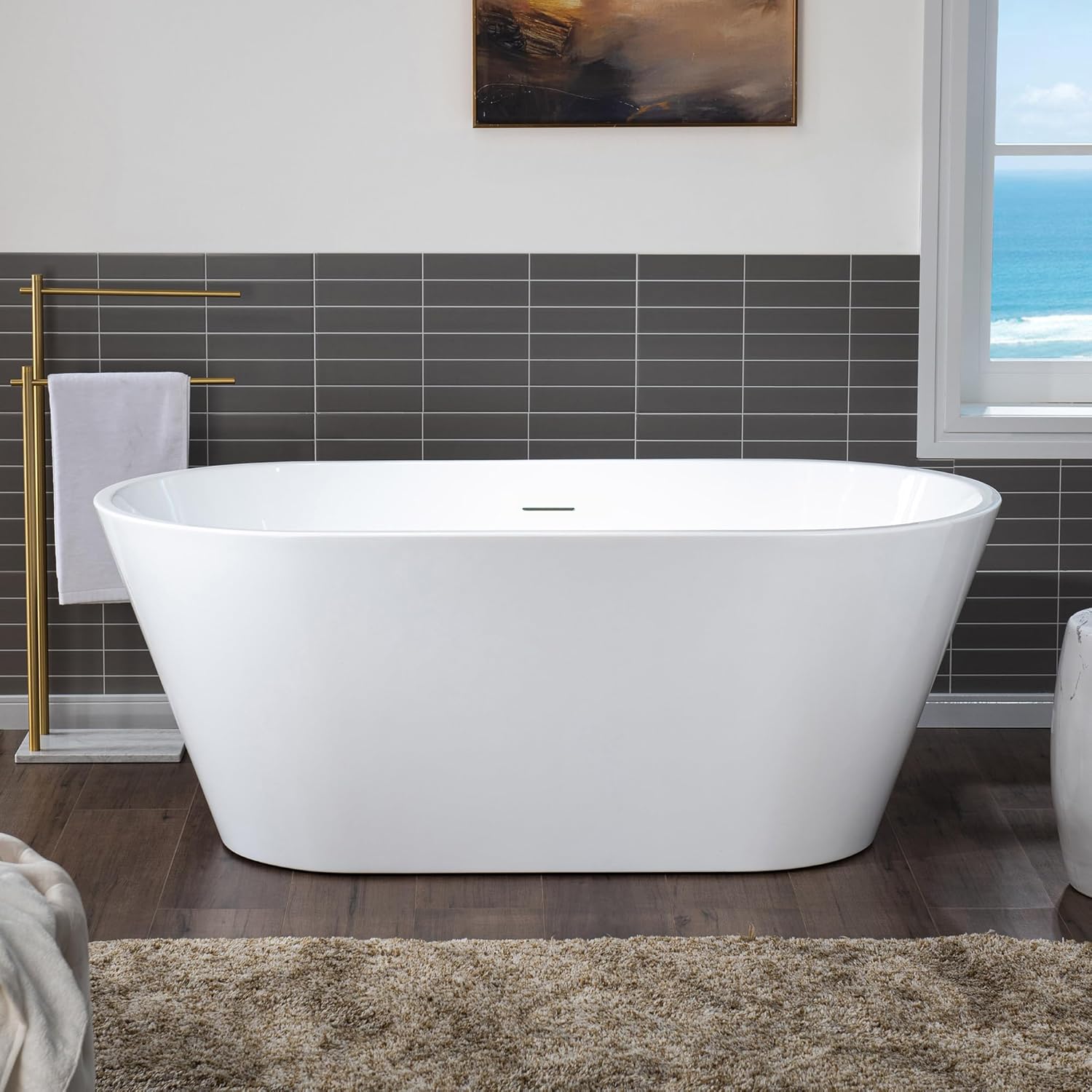 WOODBRIDGE 59 X 29.5 X 22.8" freestanding soaking bathtub with matte black drain included, White WE009
