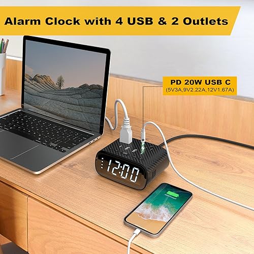 Miniatura 3 de Kungfuking Electronic Alarm Clock Charging Station PD 30W USB C,Dual Alarm Clock Power Strip with 2 AC & 4 USB Ports Digital Clock for Travel