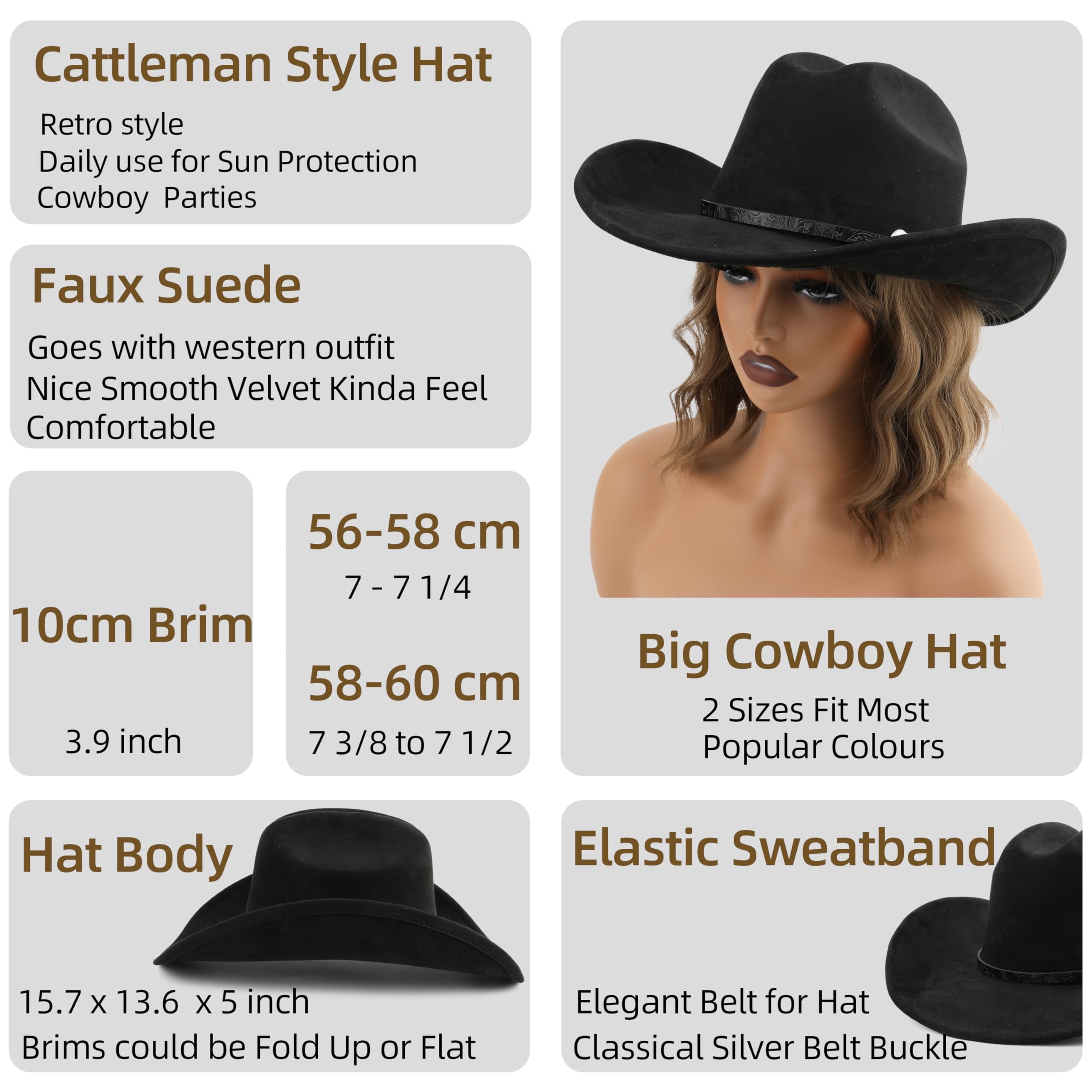 Sombrero de vaquero grande para mujeres y hombres, sombrero de vaquero de ala ancha para playa, ganadero, vaquero occidental