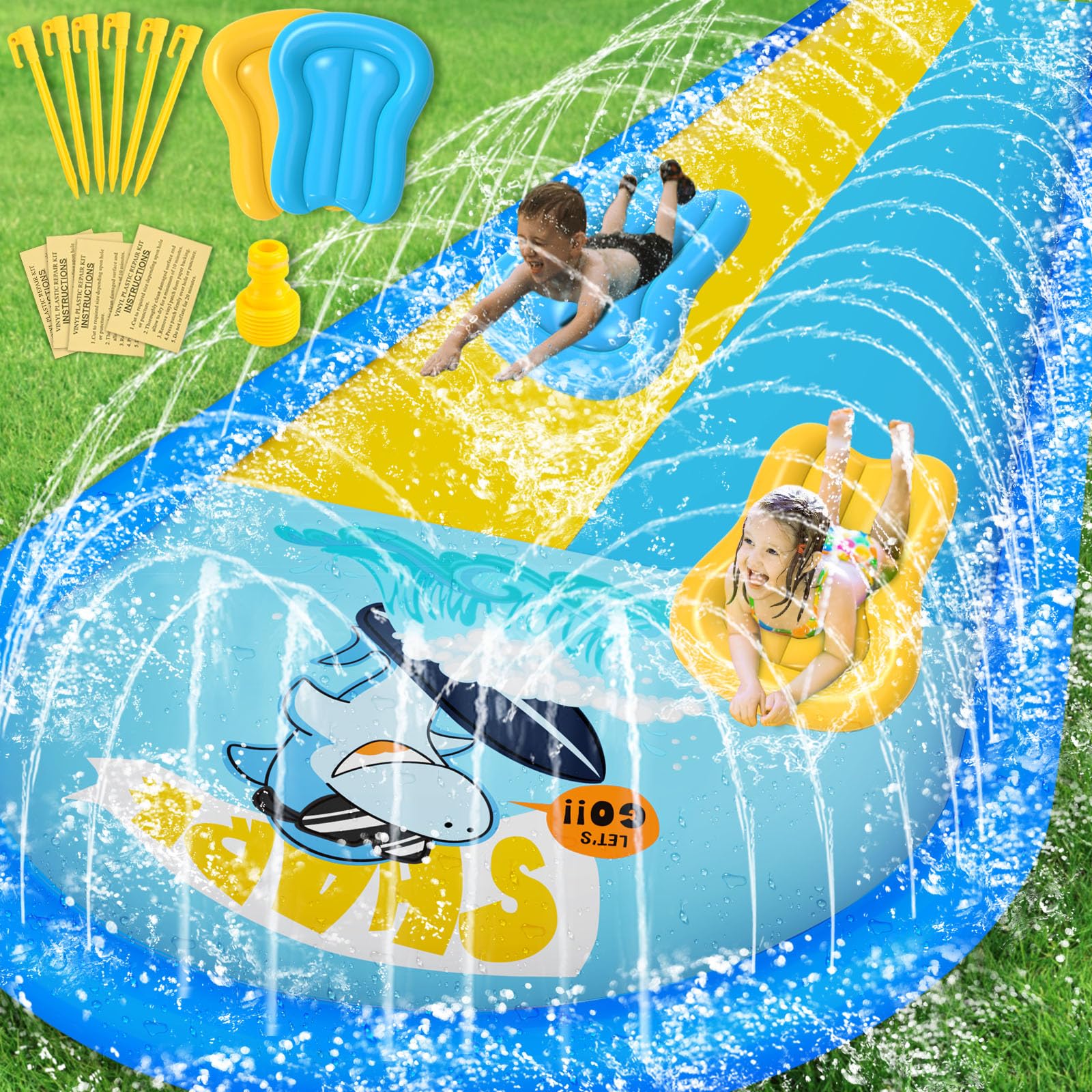 Charmofun 700cm/22.97in Tobogán de Agua Niños, 1.8m Doble Tobogán de Agua y 2 Bodyboards, Juguetes de Verano Exterior Jardín Playa para Niños