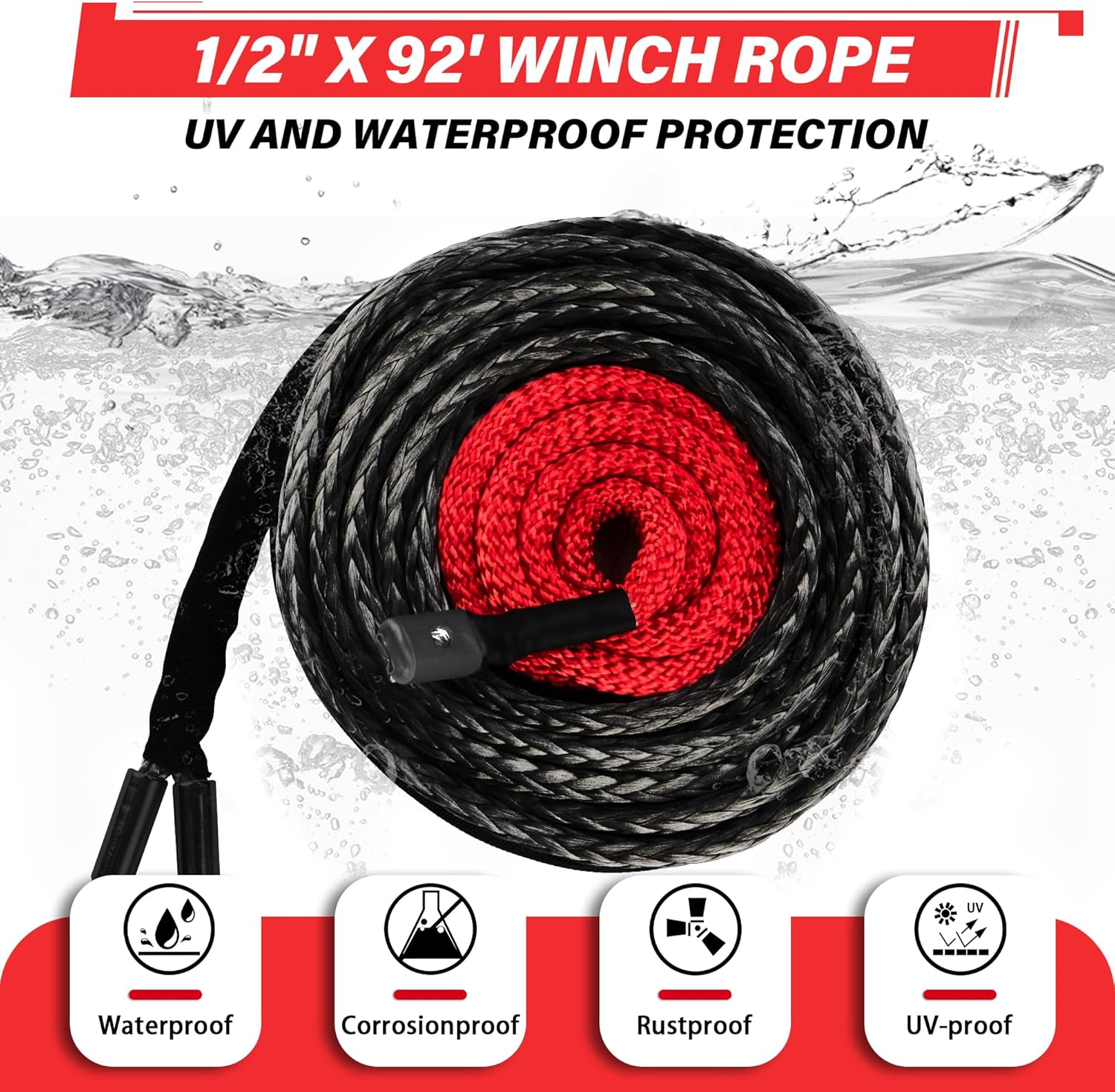 TYT Synthetic Winch Rope Kit - 1/2" x 92' with 32000 lbs Strength, Protective Sleeve, Heavy Duty Hook and Safety Pull Strap for Off-Road 4x4 Vehicles, Trucks (Black) - Image 2