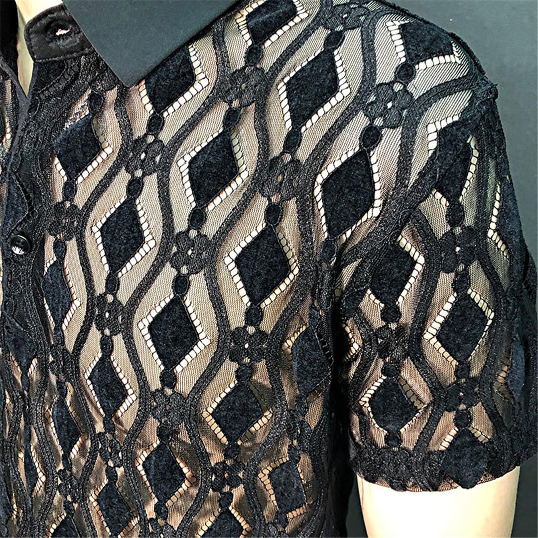 Yeuyyben Camicia Trasparente A Maniche Corte con Motivo Geometrico Estivo Camicia Nera da Uomo con Bottoni Trasparenti