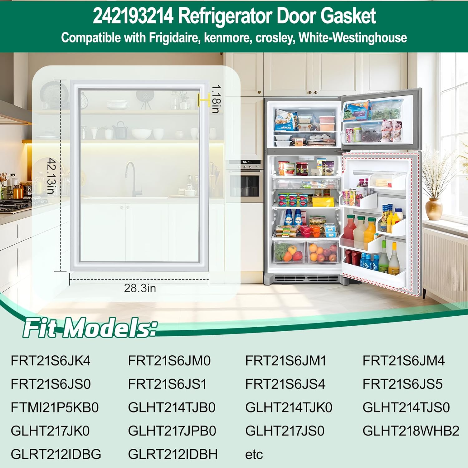 UPGRADED 242193214 Refrigerator Door Gasket Replacement Compatible with Frigidaire, Kenmore, Crosley Refrigerator Door Seal Replaces Part Number 241872512 241872514 3016410 Freezer Door Gasket (White)