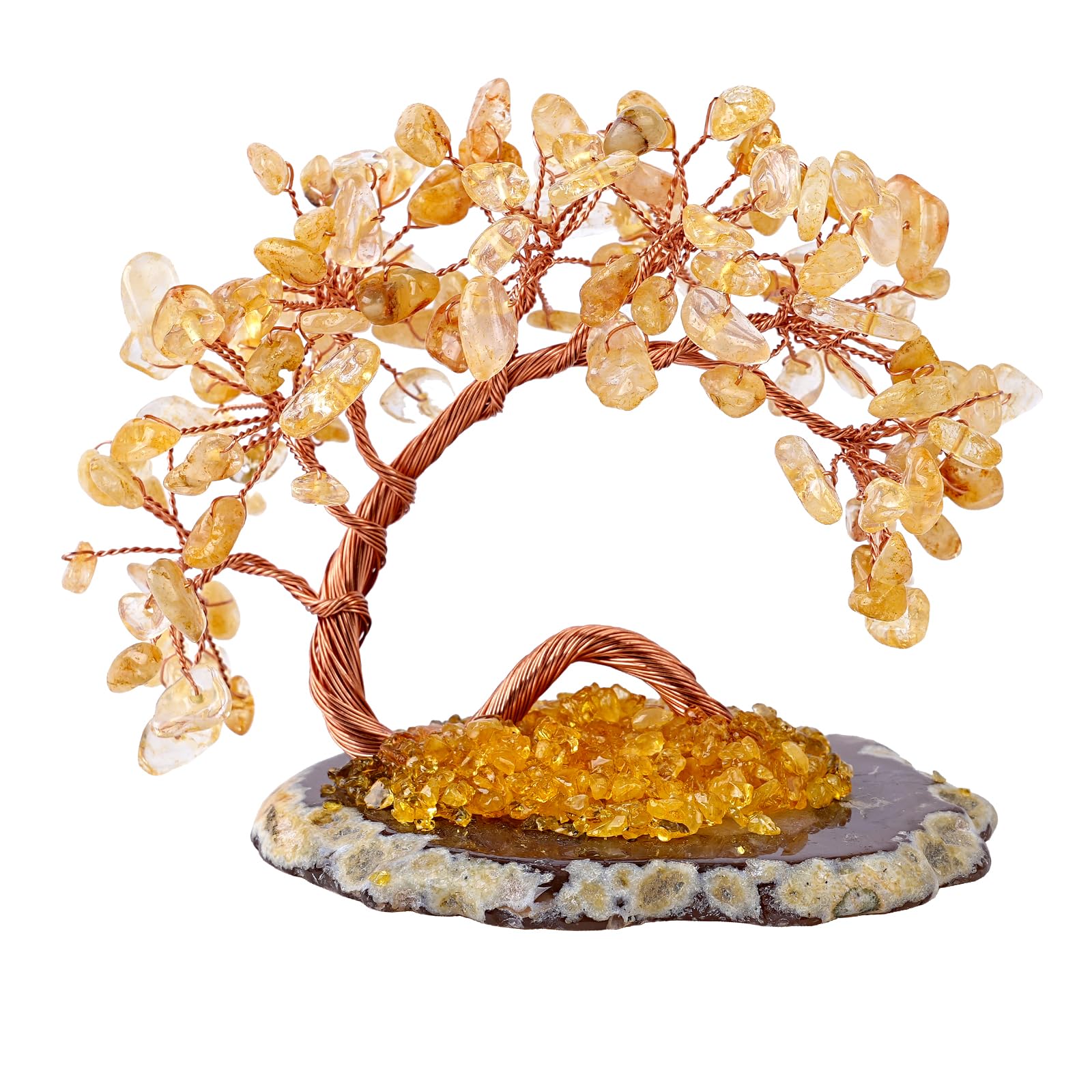 Chakra Crystal Money Tree with Agate Base Fengshui Bonsai Figurine for Wealth, Money Tree Figurines Ornament for Home Office Wedding Decoration (3-4 Inch) (Yellow)