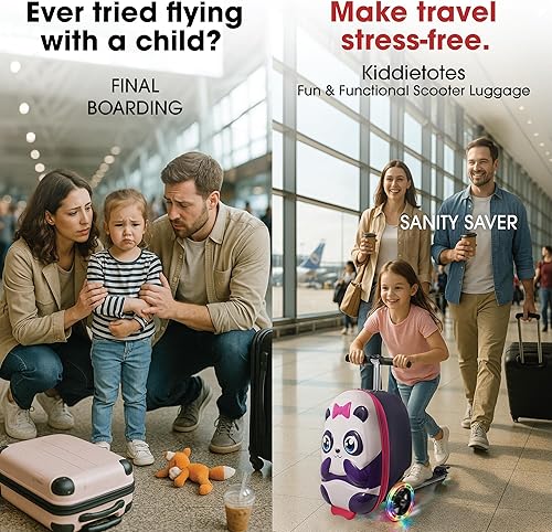 Miniatura 3 de KIDDIETOTES - Maleta de viaje con scooter para niños Equipaje de mano ligero de carcasa rígida con scooter plegable, ruedas LED, diversión de viaje