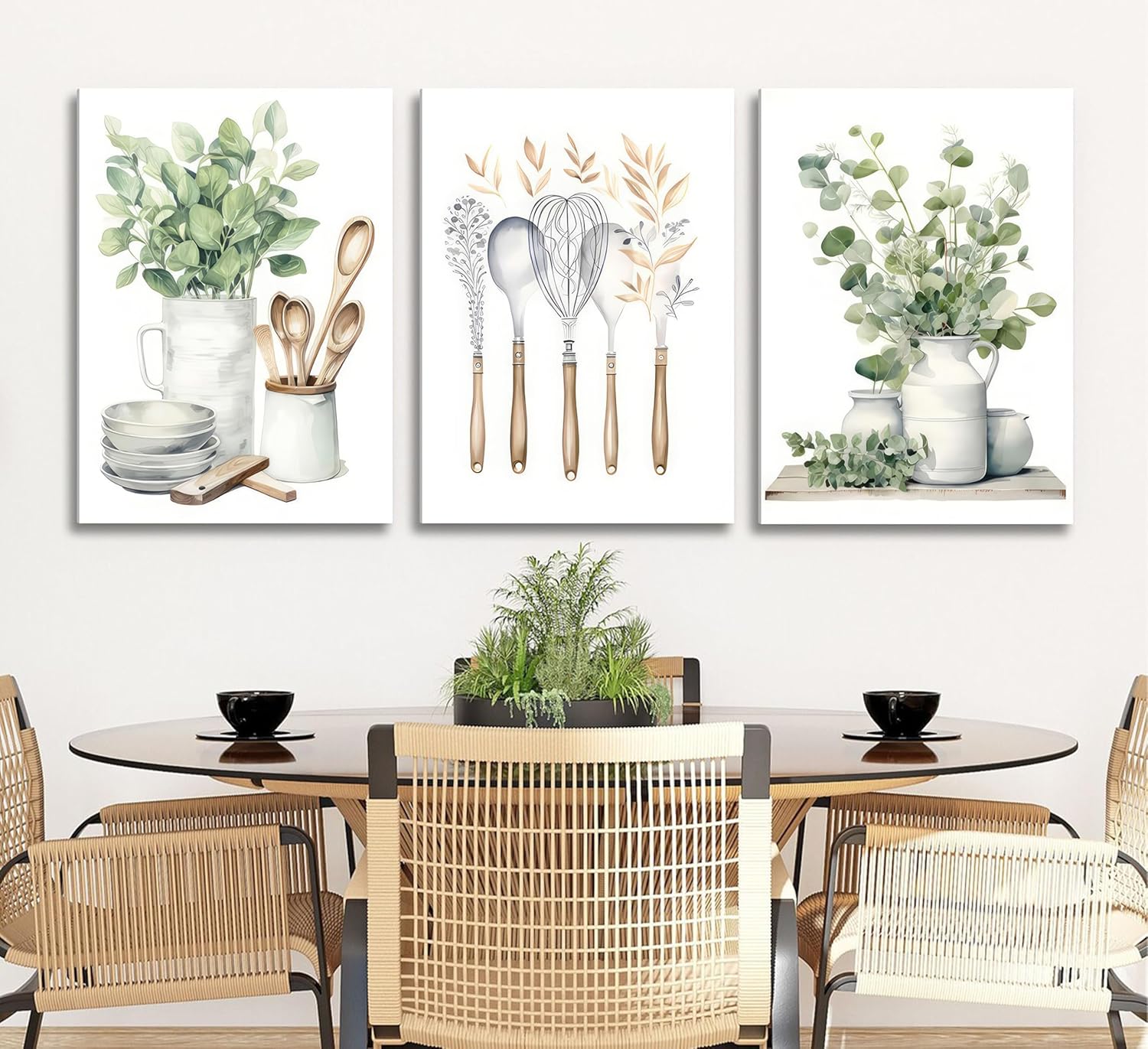 Boho Farmhouse Kitchen Canvas Wall Art Sage Green Plants Painting Pictures Dining Room Wall Decor Eucalyptus Leaves Green Botanical Poster Print Artwork for Farmhouse Kitchen Home Decoration