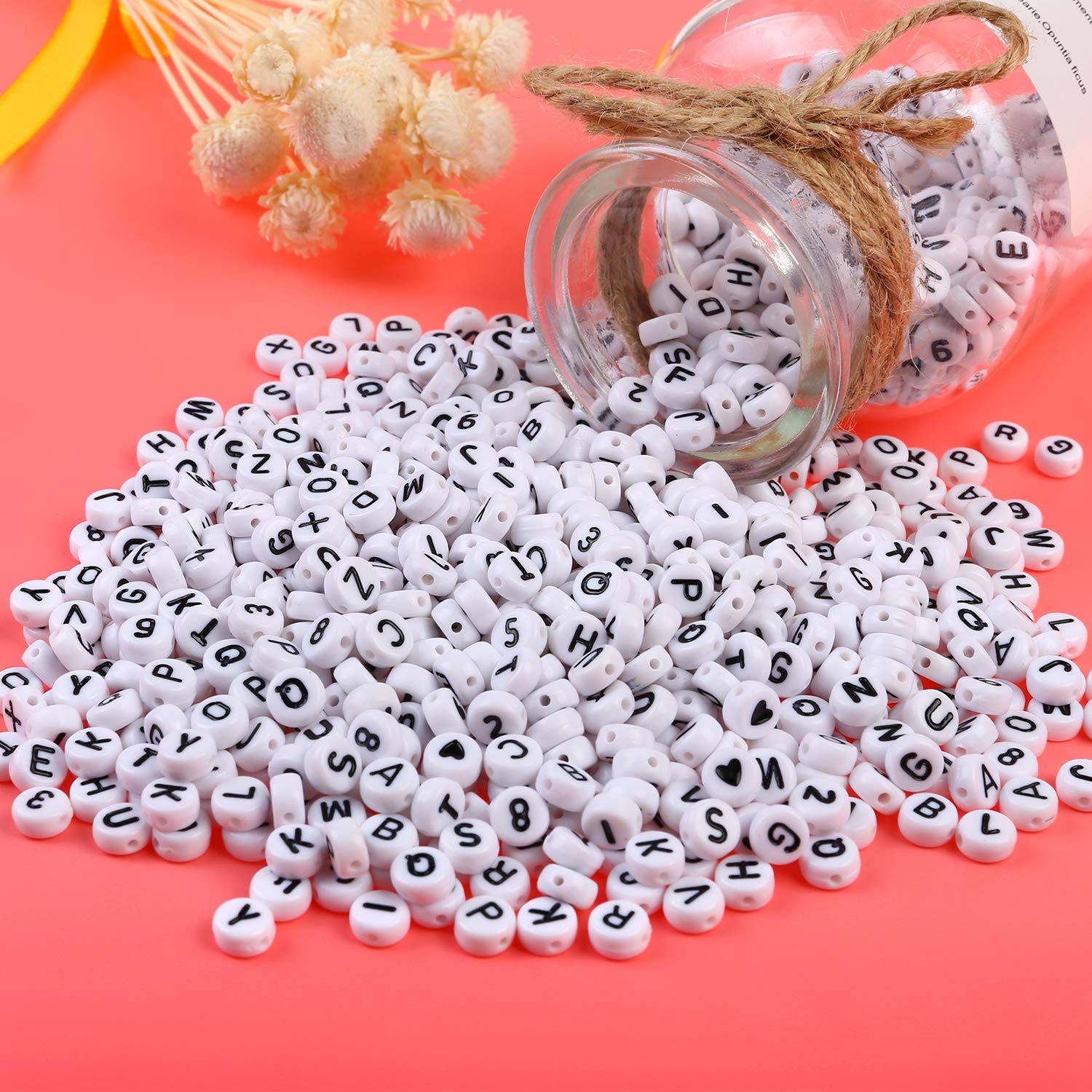 Image secondaire de PHOGARY 1280pcs Lettre et Chiffre Perles Rondes, Perles Blanches Alphabet Noir A-Z et Nombre 0-9