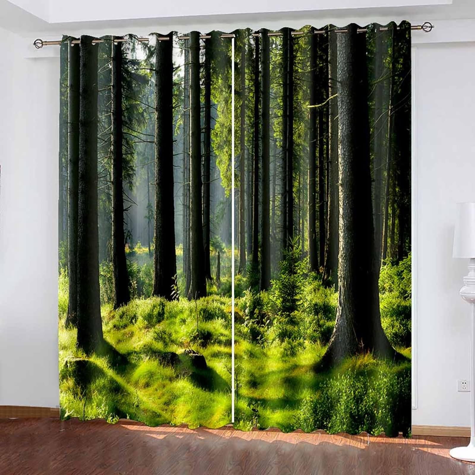 Długa zasłona okienna, długie zasłony do sypialni zielone lasy krajobraz naturalny poliester 2 panele 204x244cm