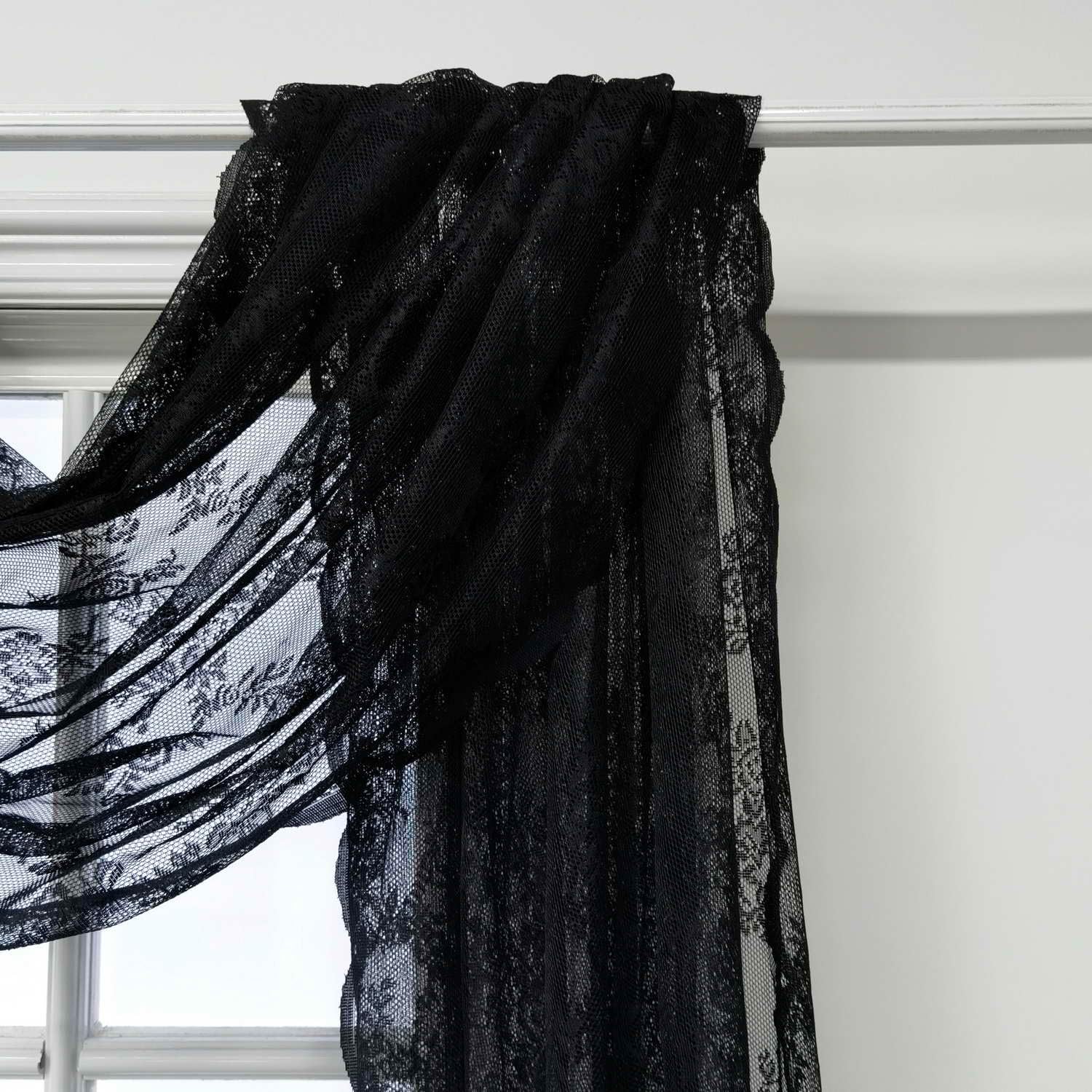 Romatic Lace Embroidery Window Scarf Sheer Curtain 144 Inch Long for Wedding/Ceremony Floral Window Treatment Swags Drapes Light Filtering Luxury Party Decora 1Panel (W57 X L144 Inch,Black)