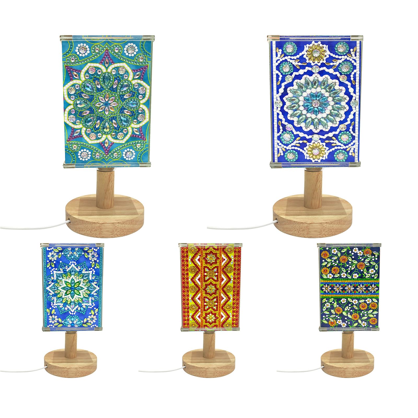 Lebartm 5Pcs DIY Table Lamp Diamond Painting Creative Desk Lamps Mandala Pattern Desktop Acrylic Ornaments Four Sided Dotted Diamond Decorative Lamp for Bedroom Living Room Office
