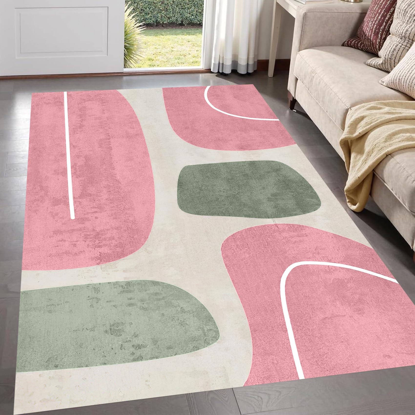 Grand tapis moderne géométrique rose et vert sauge 200x300 cm pour salon