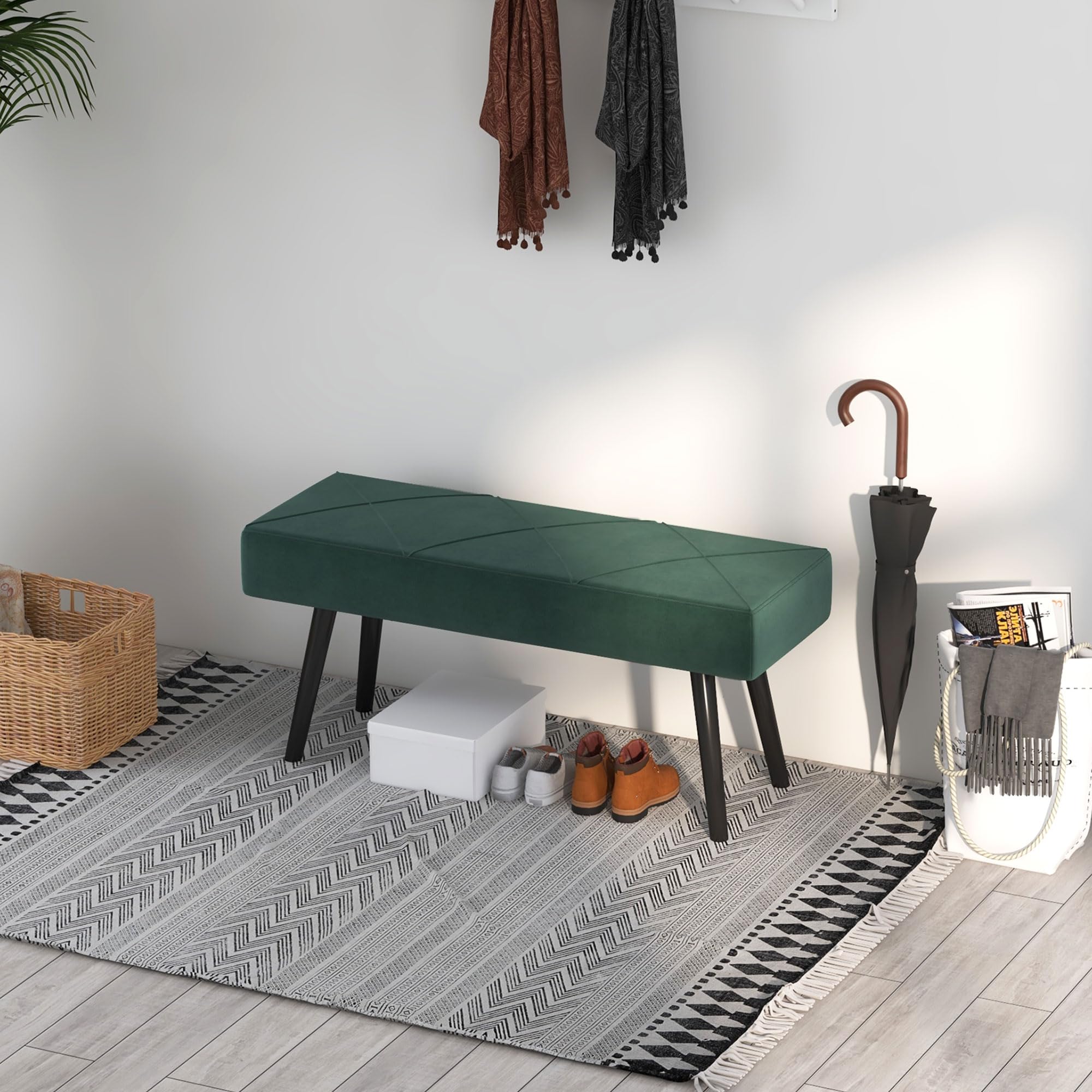 HOMCOM Sitzbank mit Samtoptik Stahlbeinen 100 x 35 x 47 cm Grün | Polsterbank, Bettbank, Schuhbank, für Schlafzimmer, Wohnzimmer, Flur