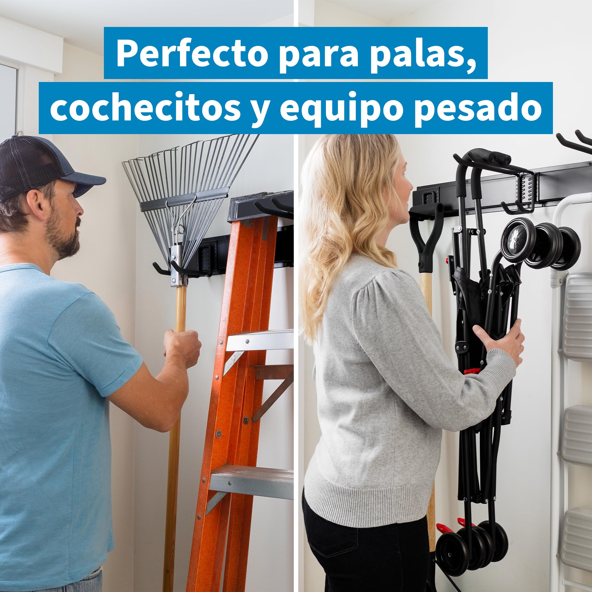 Precision Defined Almacenamiento de garaje, organización de garaje, organizador de herramientas de jardín de montaje en pared, ganchos ajustables de metal resistente, sistema de colgador de patio