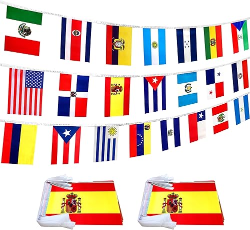Juego de 22 banderas de países de habla hispana para aulas, banderas latinoamericanas, 60 pies