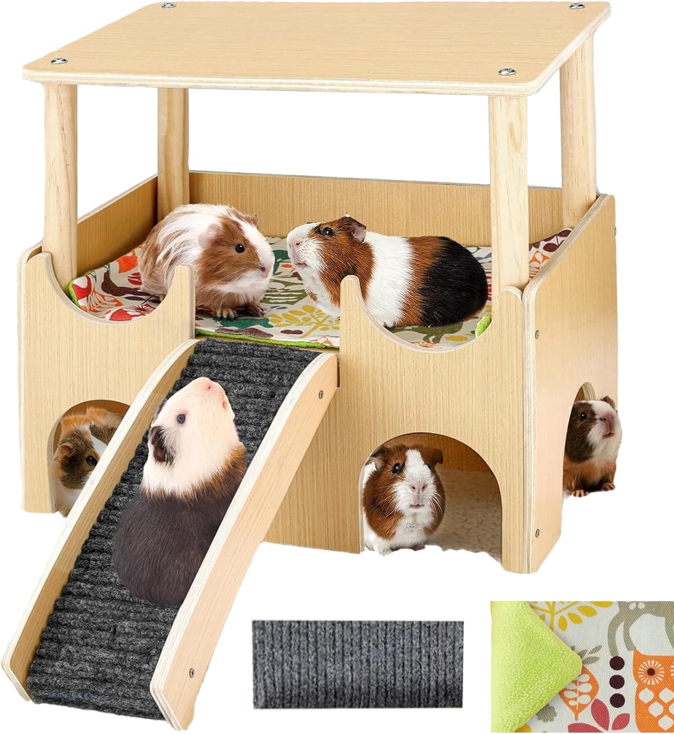 Guinea Pig Castle Hideout, Wooden Small Animal House with Stairs, Habitat Hut for Hamsters, Chinchillas, Bunny (Large 2 Tierd)