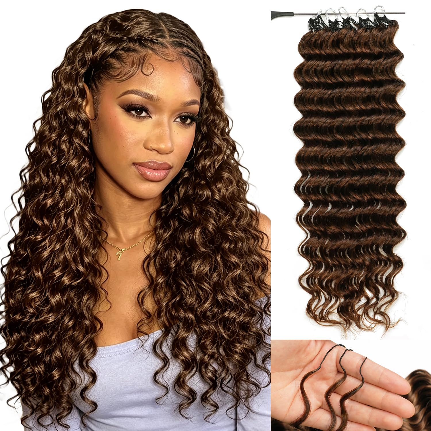 #4 Miracle Knots Crochet Human Hair 18 Inch Deep Wave Human Crochet Hair for Black Women 50 Strands Pre-separated Feather Crochet Human Hair Lightweight & Reusable Chocolate Brown