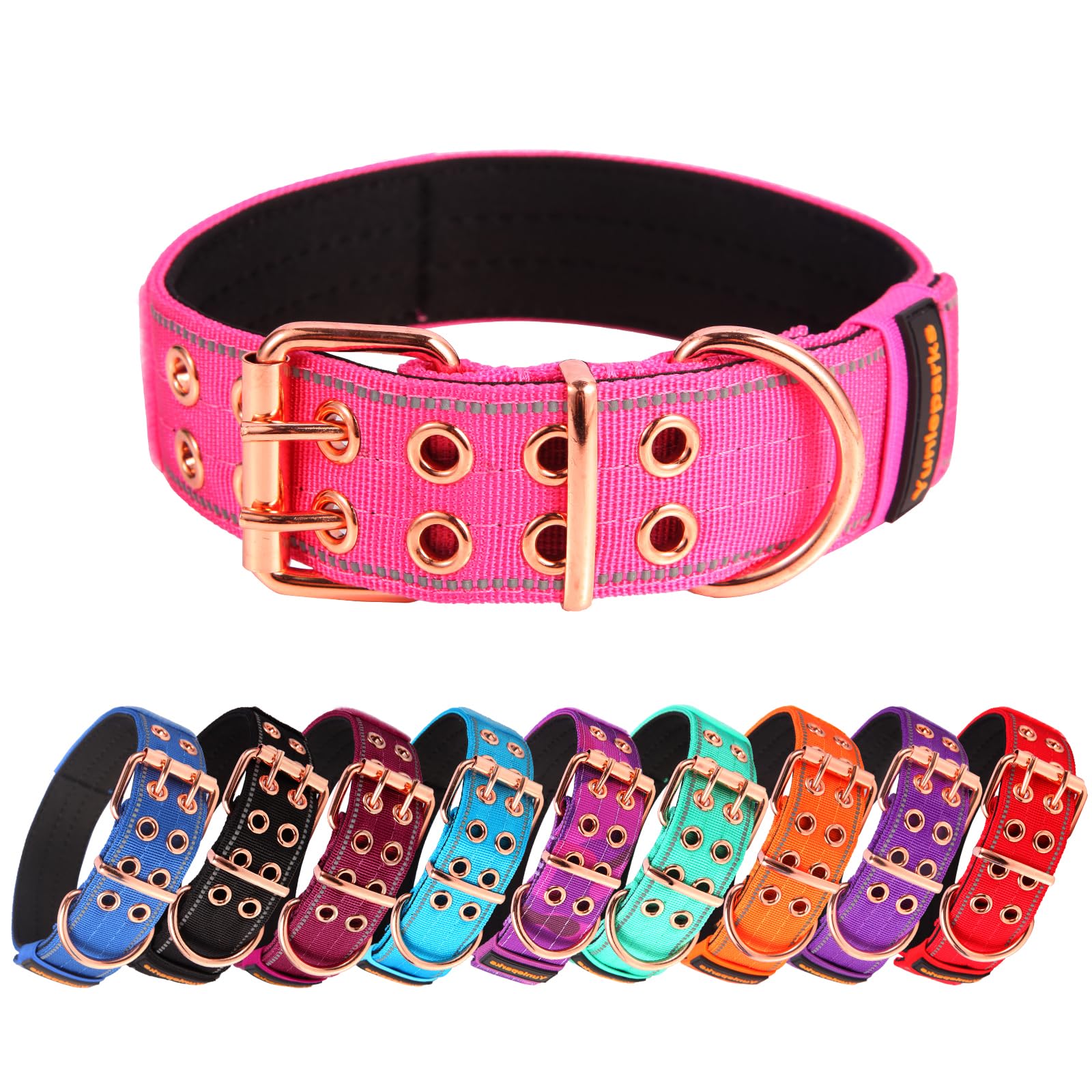 Yunleparks Heavy Duty Tactical Dog Collar with Neoprene Padded and Metal Buckle, Reflective Nylon for Medium to Large Dogs(Pink, X-Large)
