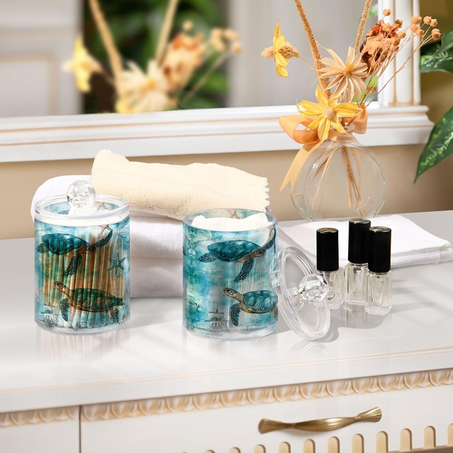 MNSRUU 4 Pack Qtip Holder Organizer Dispenser Turtle Starfish Map Sailing Bathroom Storage Canister Cotton Ball Holder Bathroom Containers for Cotton Swabs/Pads/Floss