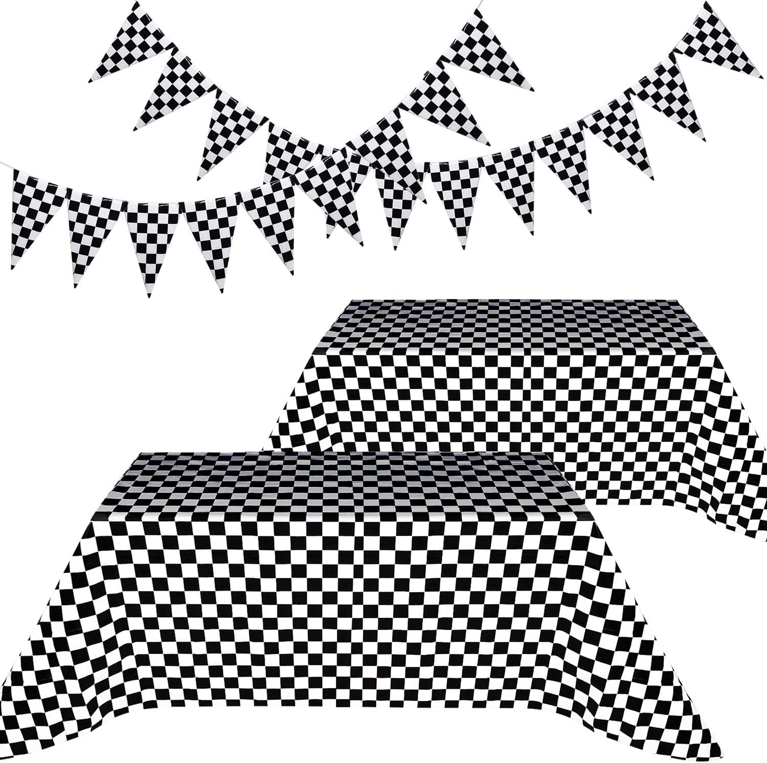 Blulu Racing Party Decorations Include 2 Pieces Black and White Checkered Table Cover and 2 Pieces Checkered Black and White Pennant Banner Racing Flags (Checkered Flag)
