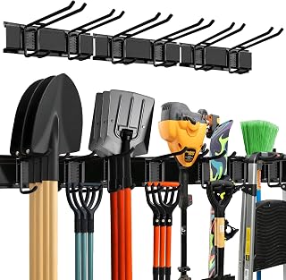 Tidyme 48" Heavy-Duty Garage Tool Organizer Wall Rack - 300 lbs Capacity, Adjustable Double Hooks, Carbon Steel for Shovels, Rakes, Ladders