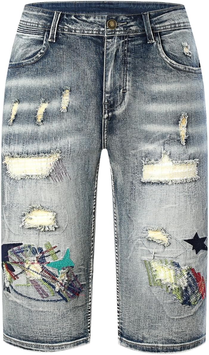 Gold Toucher Men's 3/4 Embroidery Ripped Denim Shorts & Jeans Summer Casual Classic Straight Distressed Ripped Short Jeans
