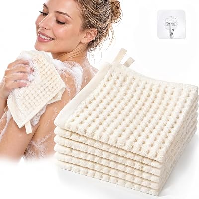 6 Pack Cotton Waffle Wash Cloths for Showering & Face, Cream