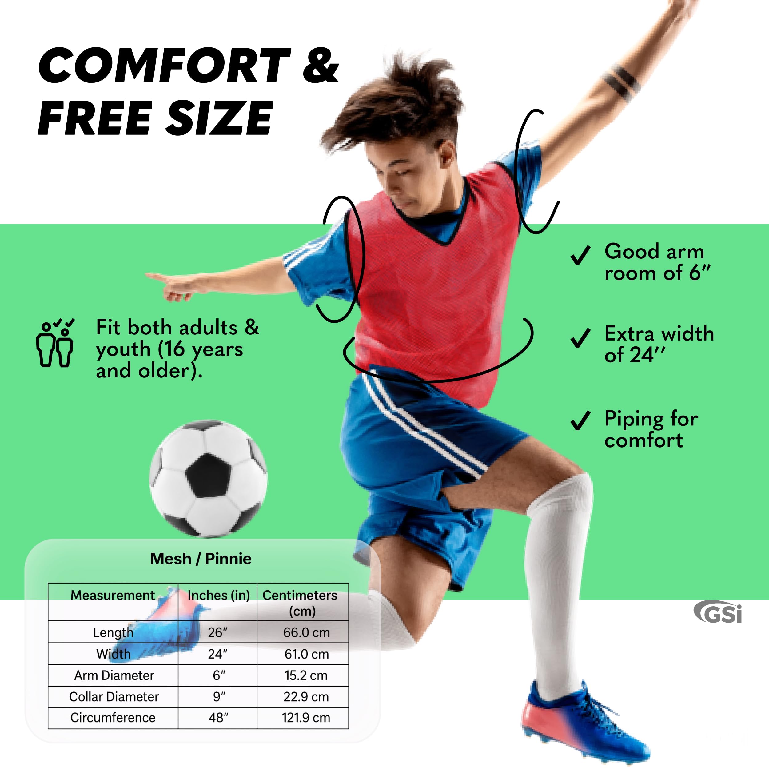 GSi Pinnies deportivos – Paquete de 12 – Tamaño libre para jóvenes y adultos – 5 opciones de color – Chaleco de práctica de fútbol, baloncesto