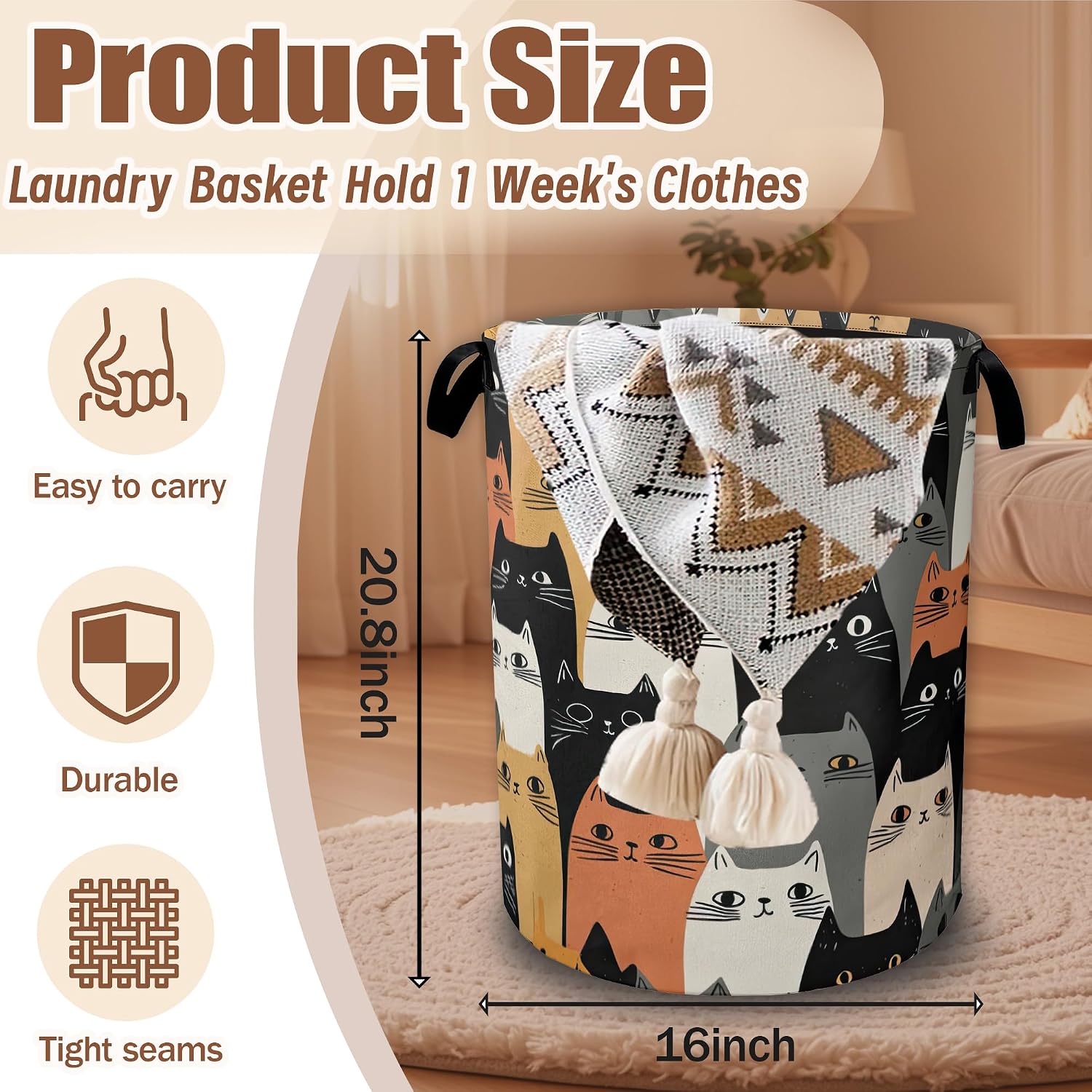 Laundry Basket Cat Collapsible Laundry Baskets Waterproof Oxford Cloth With Handles,Cute Cartoon Cats Laundry Hamper Clothes Storage Bucket Toy Organizer for Bathroom/Nursery/Bedroom 16" x 20.8"