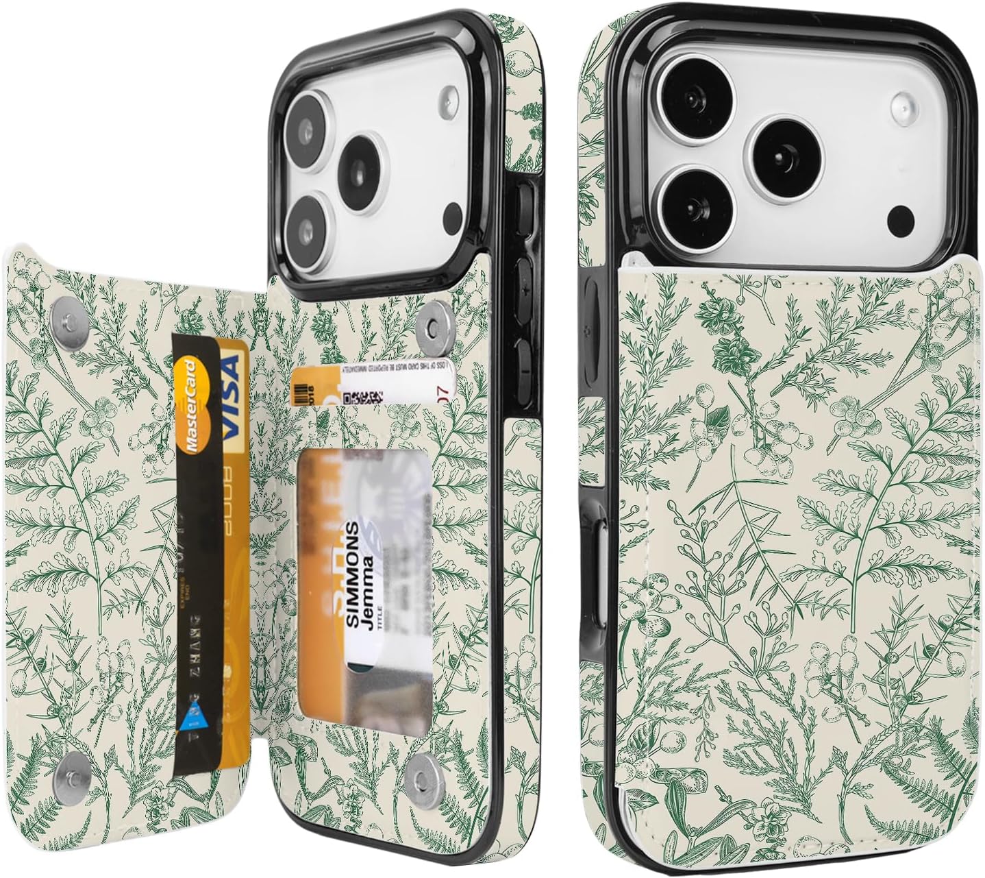 Compatible with iPhone 17 Pro Wallet Case with Card Holder, Back Flip Folio PU Leather Kickstand Card Slots Case for Women Girls, Double Magnetic Clasp Cover 6.3" (Green Floral)