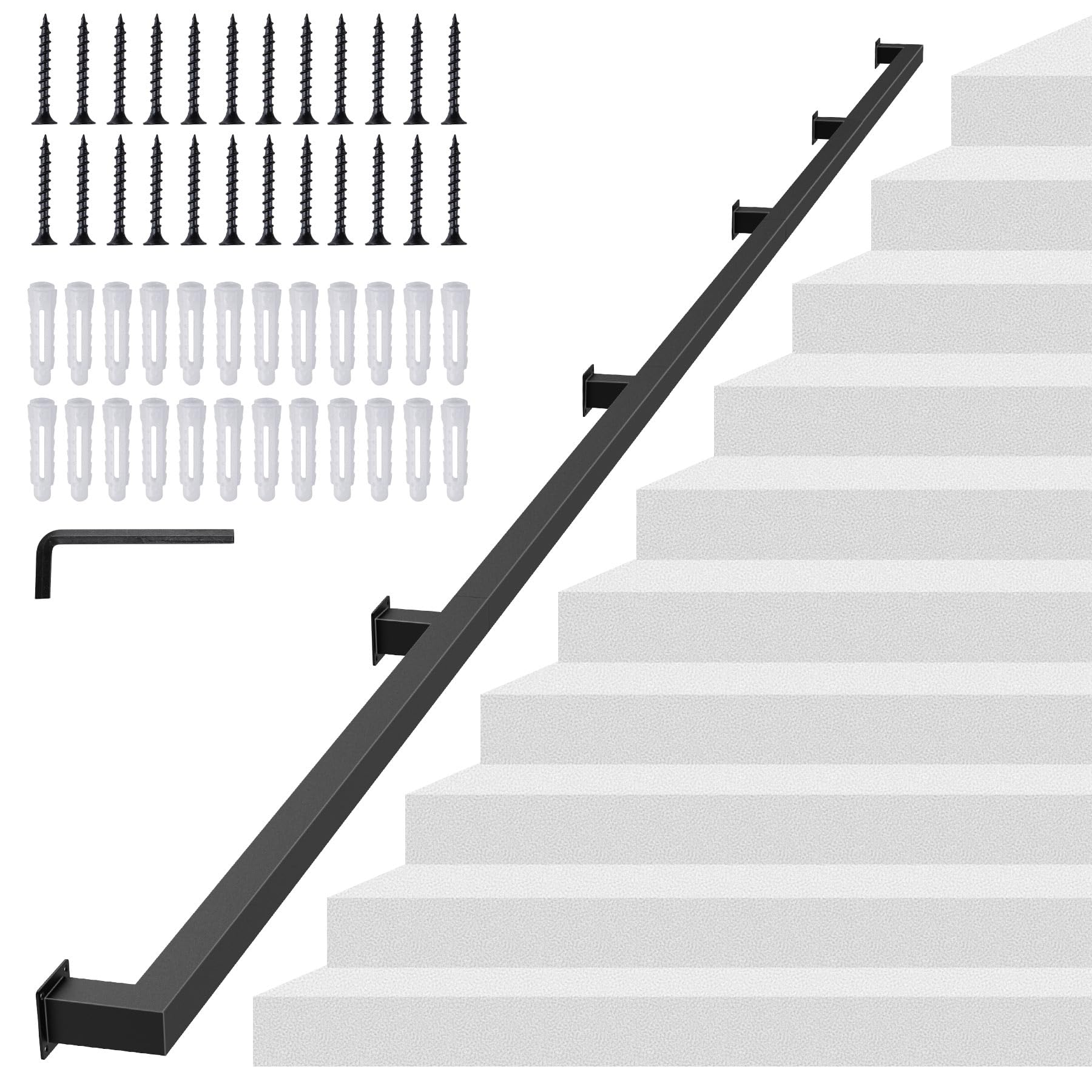 400CM Square Tube Handrail,Wall Mount Staircase Handrail Modern Pipe Stair Industrial Stair Rail for Indoor Outdoor Steps,440lbs Load,Carbon Steel Non-Slip Grab Handle for Loft Porch 5 Sections