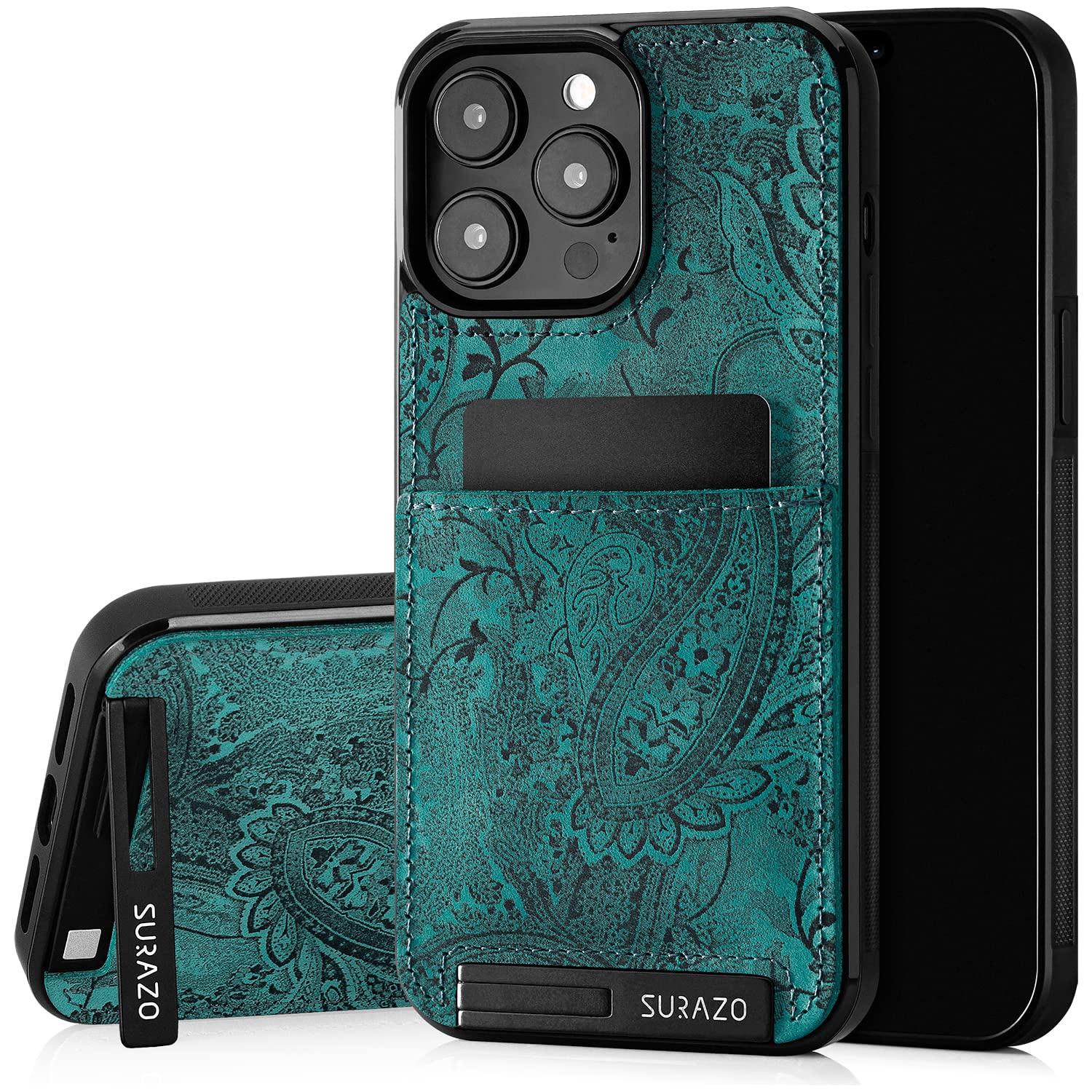 SURAZO Genuine Leather Back Case for iPhone 15 Pro Max - Shockproof Leather Case with Card Slot, Stand Function, Key Fob, Floral Slim Bumper Protective Cover