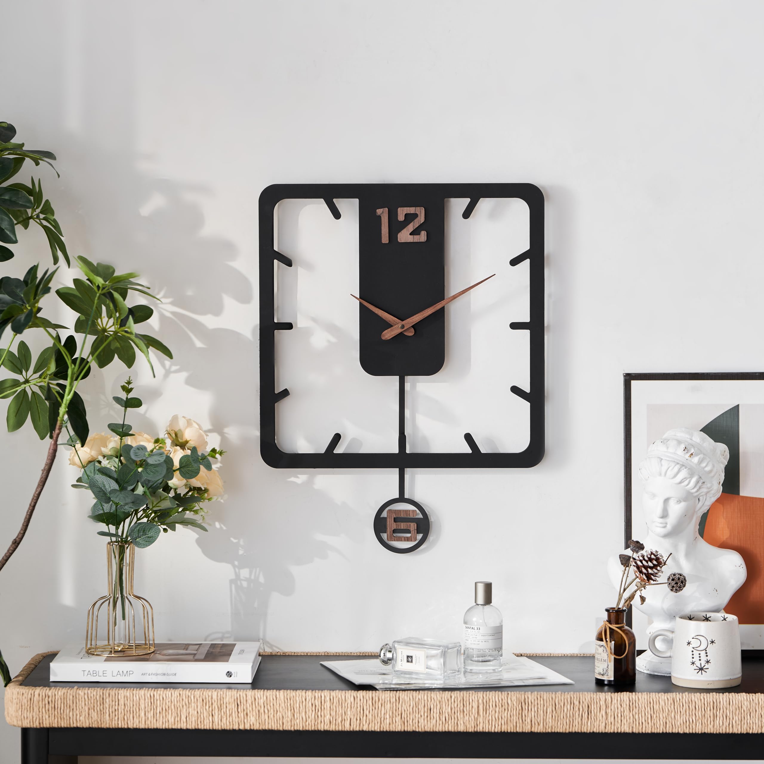 K&L Wall Art Große Pendeluhr Holz Wanduhr leise Holzwanduhr Vintage Holzuhr lautlos Uhrwerk ohne Tick-Geräusche