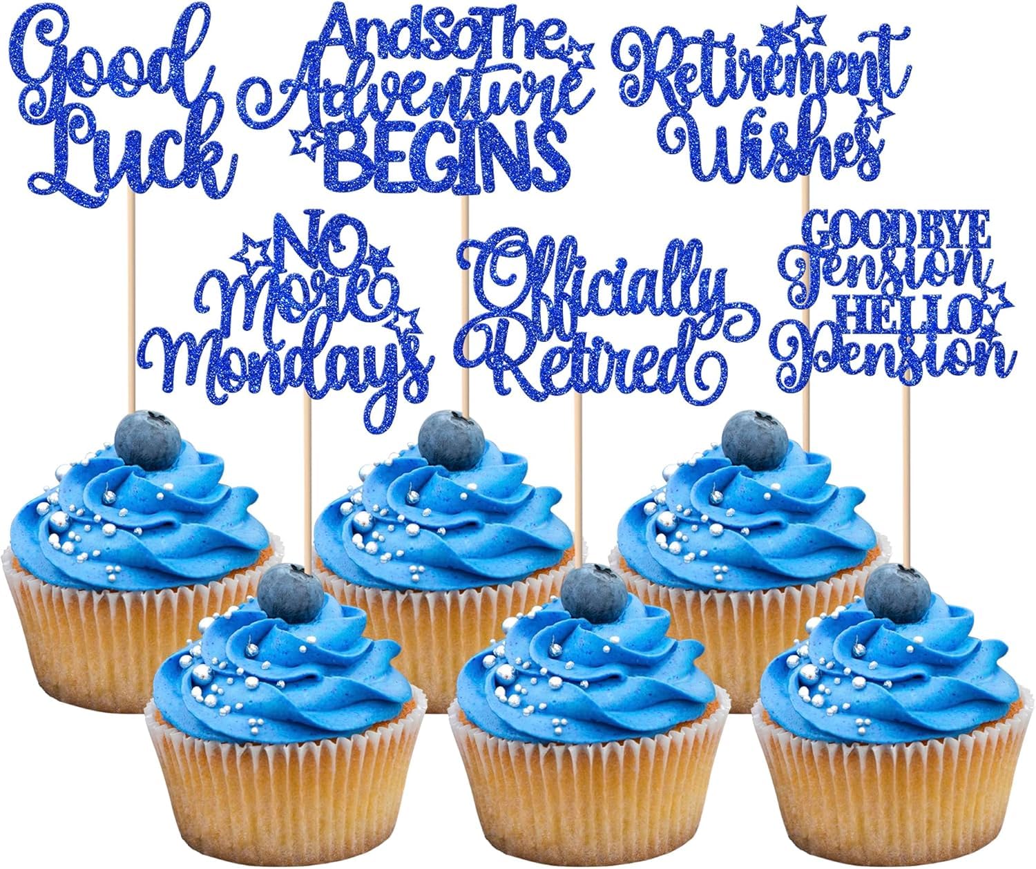SYKYCTCY 36 Pack Happy Retirement Cupcake Toppers Glitter Officially Retired Hello Pension Cupcake Picks No Work Zone Adventure Begins Cupcake Decorations Retirement Theme Birthday Party Supplies Blue