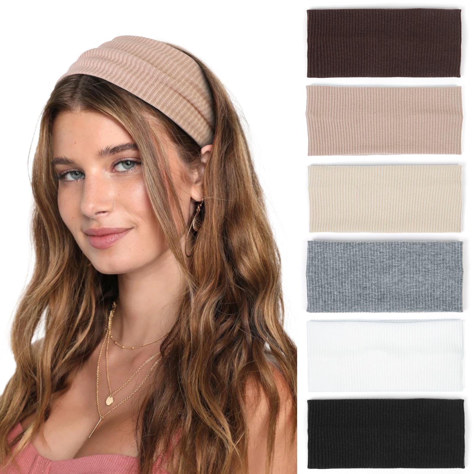 Wide Headbands for Women, Non Slip Thick Headbands, Stylish Hair Accessories, Soft Elastic Boho Head Bands for Yoga, Workout, Running (6 Pack, 6 Colors)