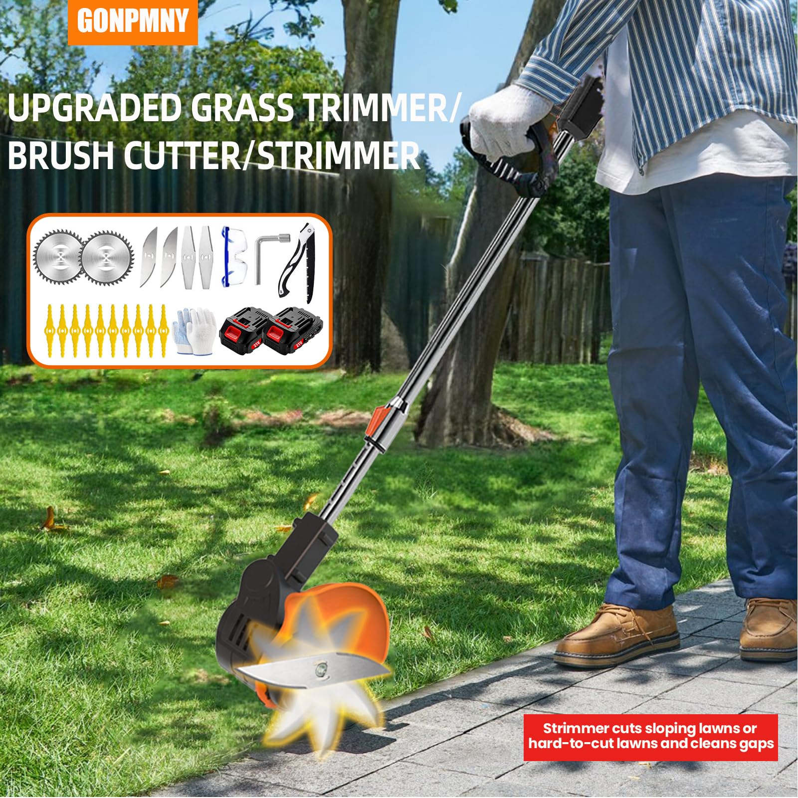Decespugliatore, decespugliatore da giardino con lame in metallo, decespugliatore senza fili con 2 batterie e caricabatterie UK