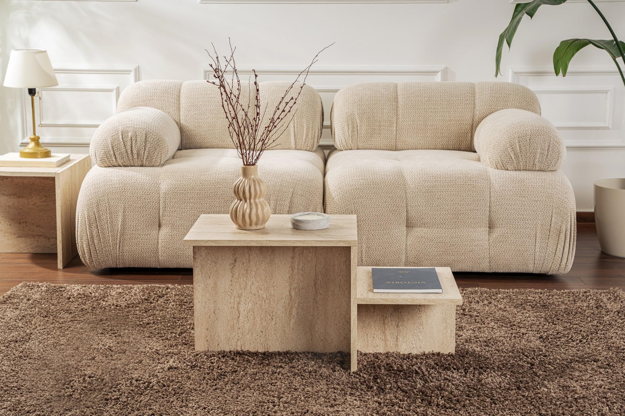 Moderner rustikaler Couchtisch, Travertin, 80 x 40 x 40 | aus 100% melaminbeschichteter Spanplatte, Stärke: 18 mm | perfekt für modernes Homeoffice & Arbeitszimmer, Elegantes & funktionales Design