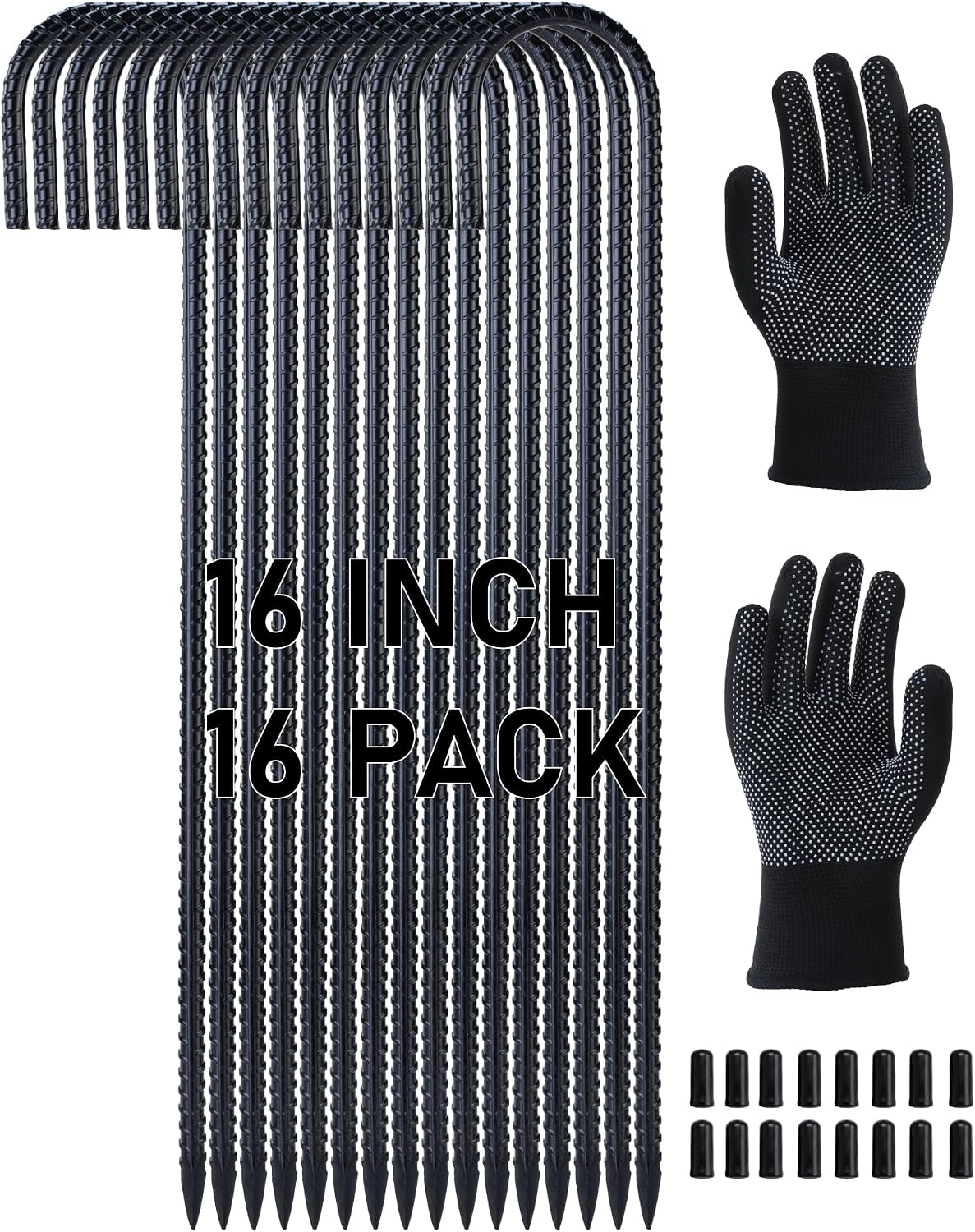 16 Inch J Hook Rebar Stakes 16 Pack, Heavy Duty 8mm Black E-Coated Metal Ground Stakes, Tent Anchors for Trampoline, Chain Link Fence, Canopy & Tarp, with Work Gloves & Safety Caps (Plain Black)