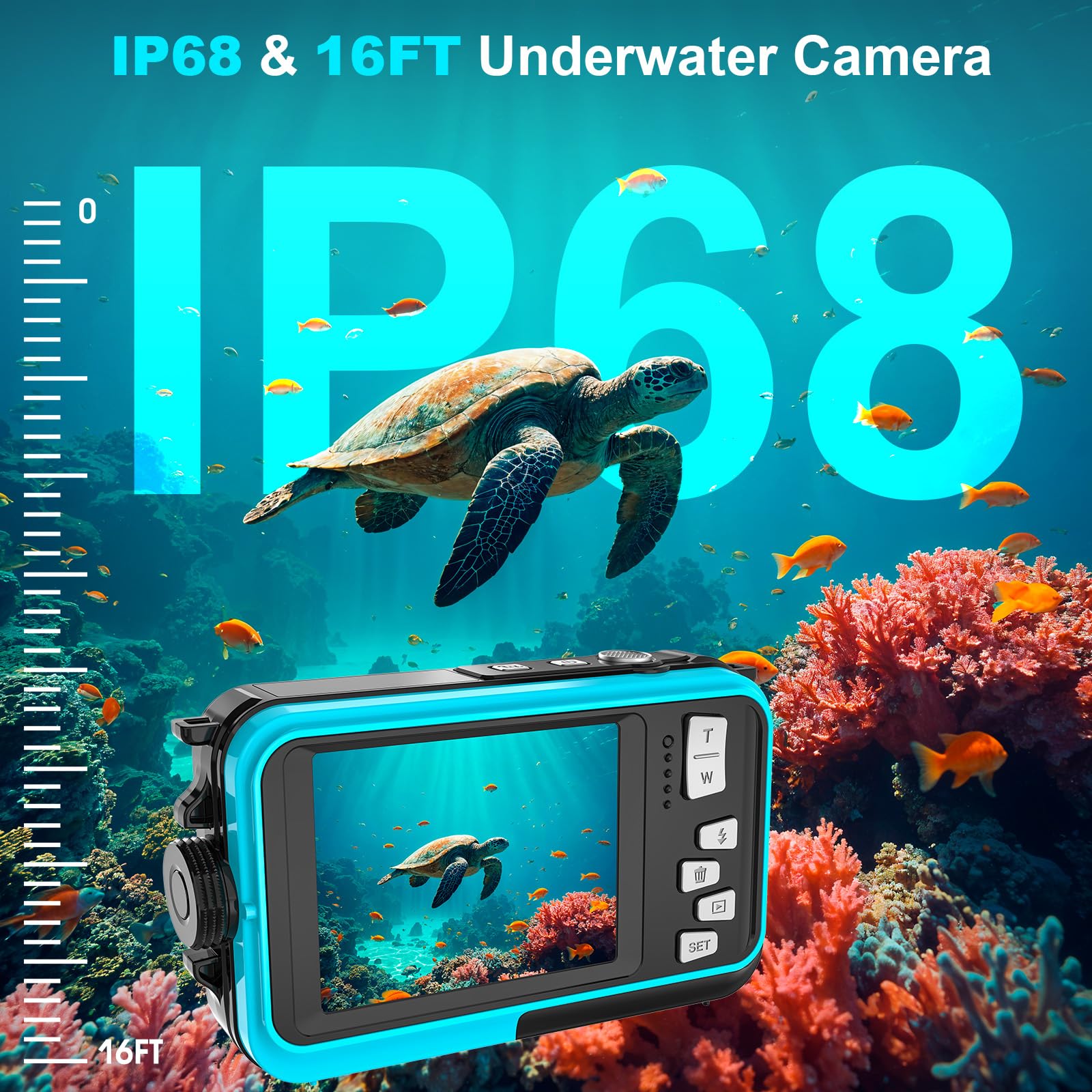 Digitalkamera, Yixinxin 4K Unterwasserkamera, 64MP Autofokus 16FT Digitalkamera wasserdichte mit 32GB Karte, Dual-Screen Selfie 1250mAh Batterie, 16X schwimmfähig Digital für Schnorcheln