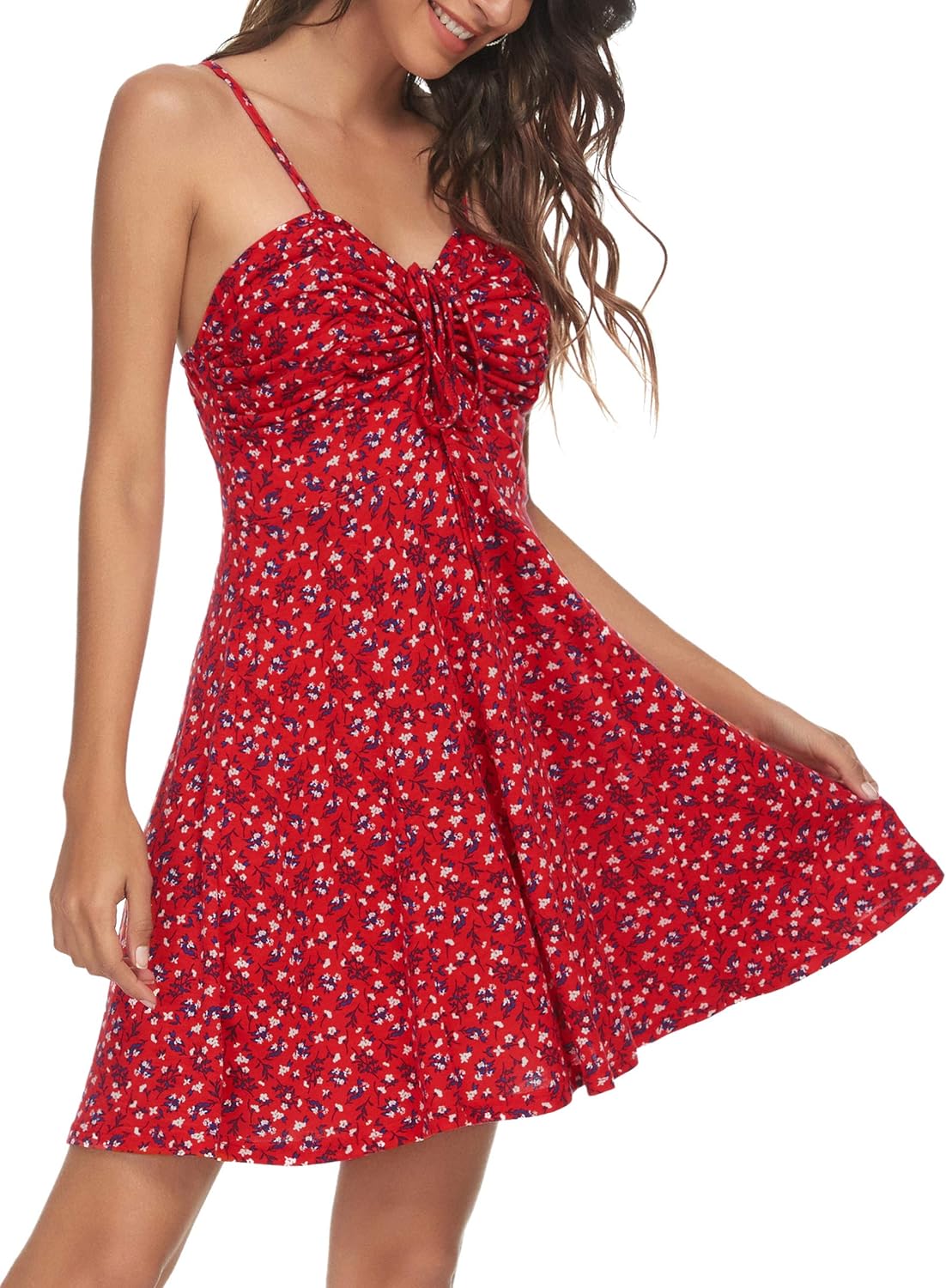 Missufe Spaghetti Strap Floral Mini Dress Women's Casual Ruched Front Drawstring Swing Sundress
