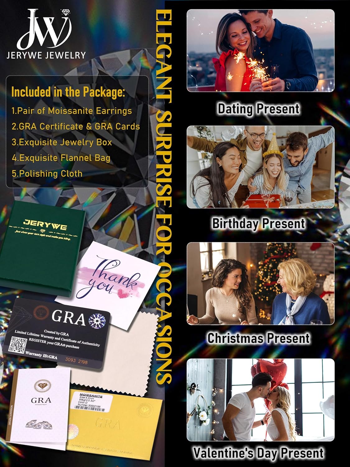 Moissanite Earrings Studs - 925 Sterling Silver Earrings for Women Men 14K Gold Plated Double Sided Star Flat Back Stud Earring Hypoallergenic Small Cartilage Helix Piercing Jewelry D Color VVS1 - Image 7