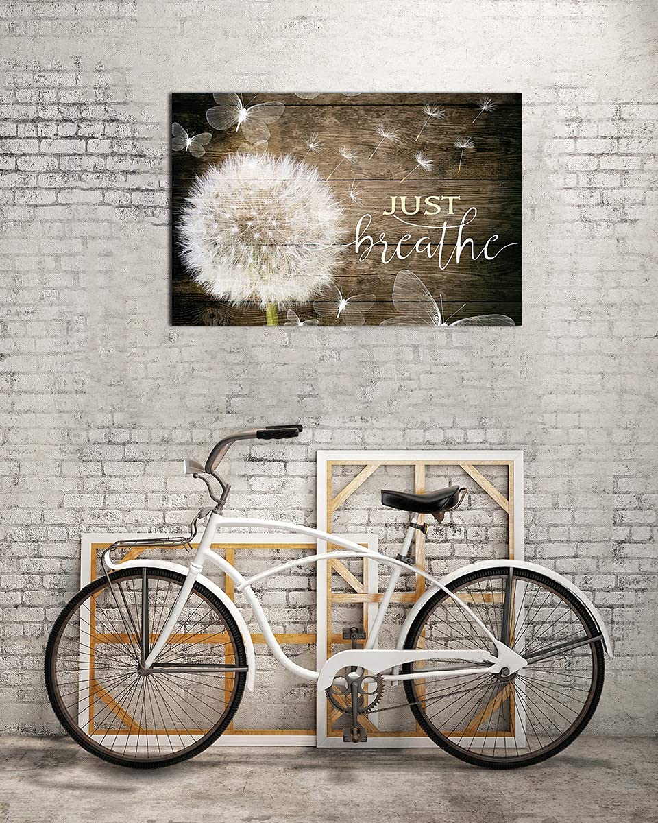 White Dandelion and Butterflies Just Breathe Quotes Poster Brown Rustic Wall Art Canvas Paintings Beautiful Decorative Home Decor Pictures Framed Country Wall Decor Prints for Bedroom Nursery 32"x48"