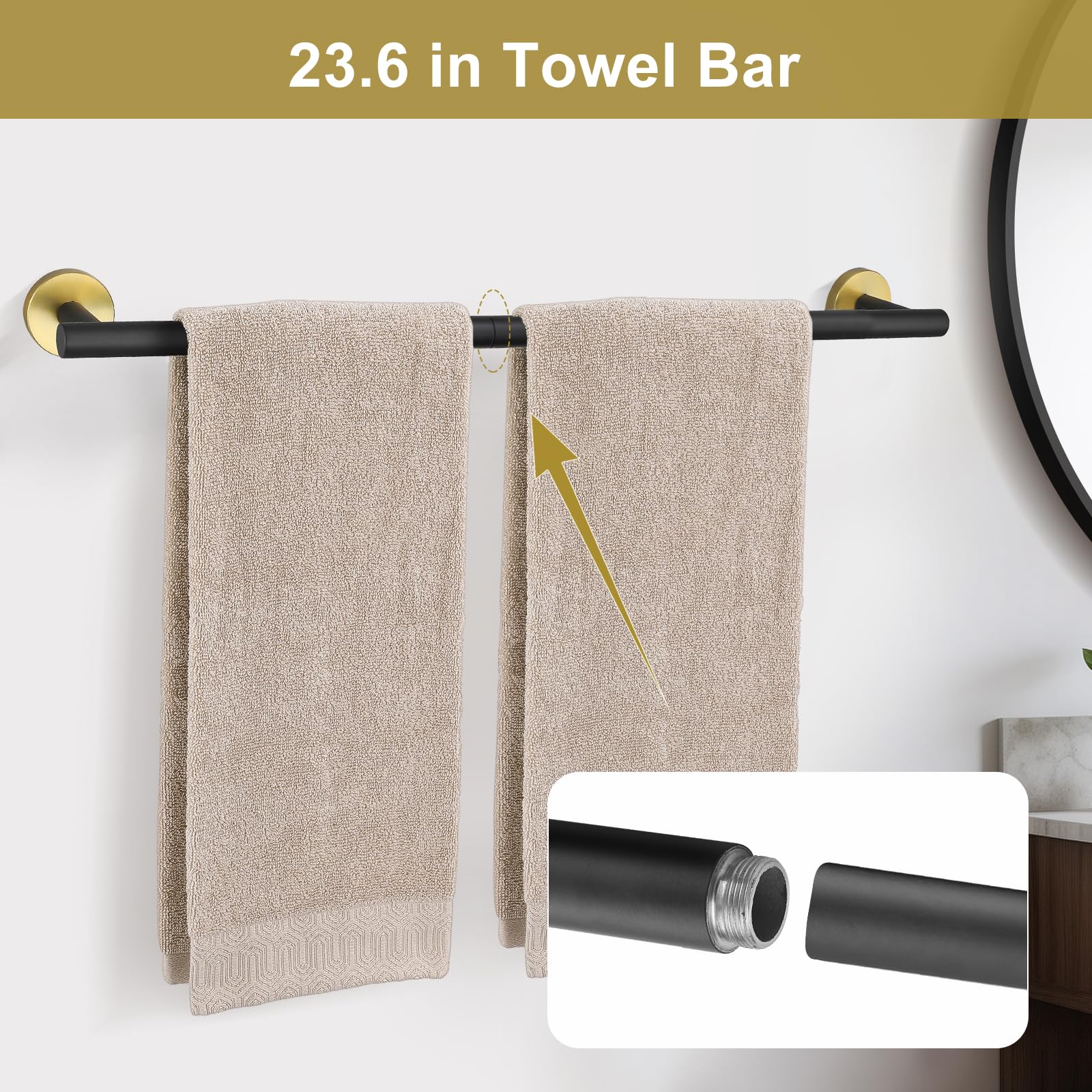 Juego de 10 toallas redondas negras y doradas para baño, juego de accesorios de baño, soporte de papel higiénico, toallero, juego de toallero para baño, juego de baño de acero inoxidable montado en la